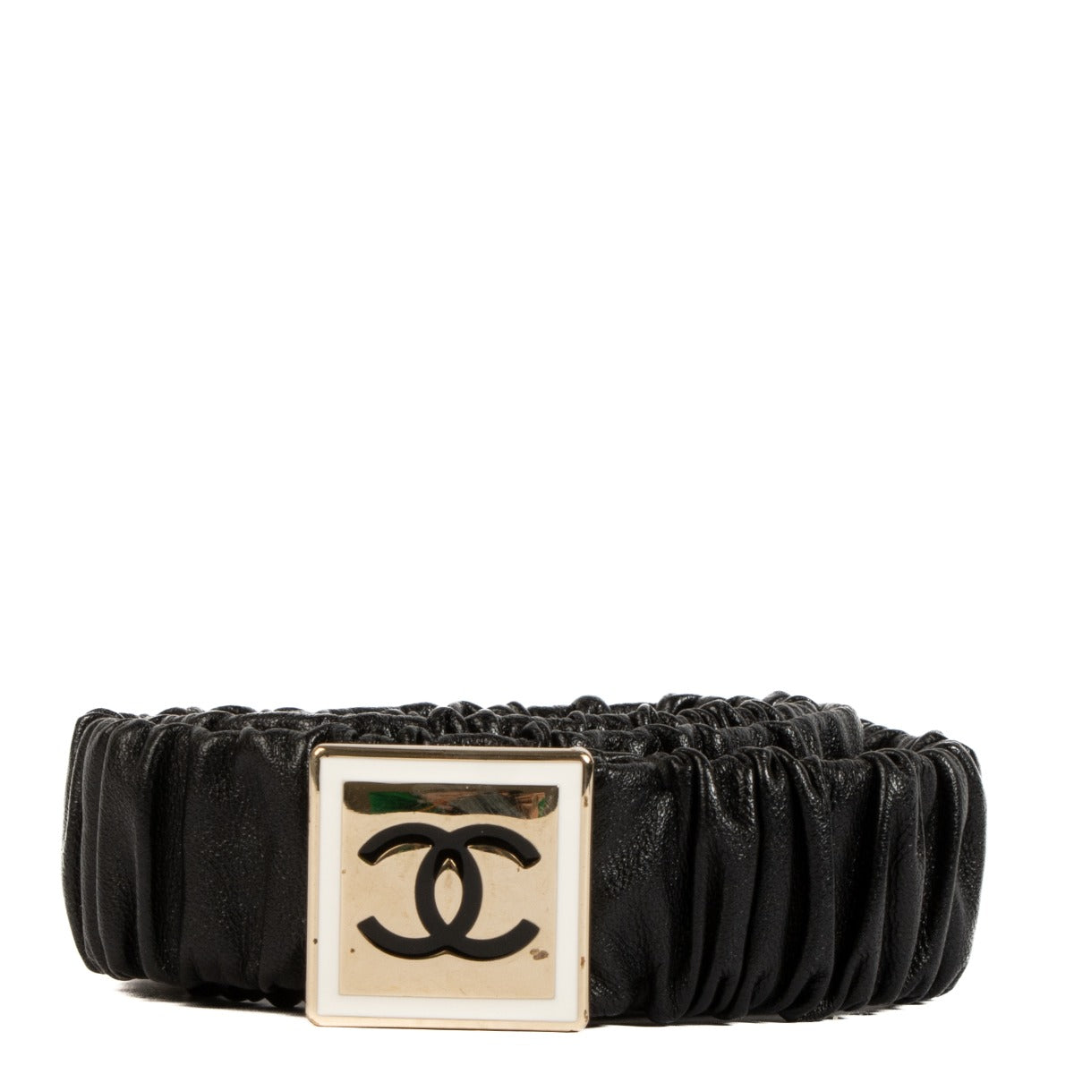 Shop 100% authentic Chanel Black Logo Ruched Belt at Labellov.com.