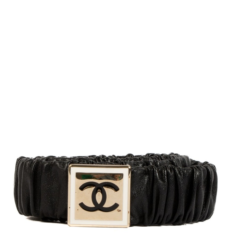 Shop 100% authentic Chanel Black Logo Ruched Belt at Labellov.com.