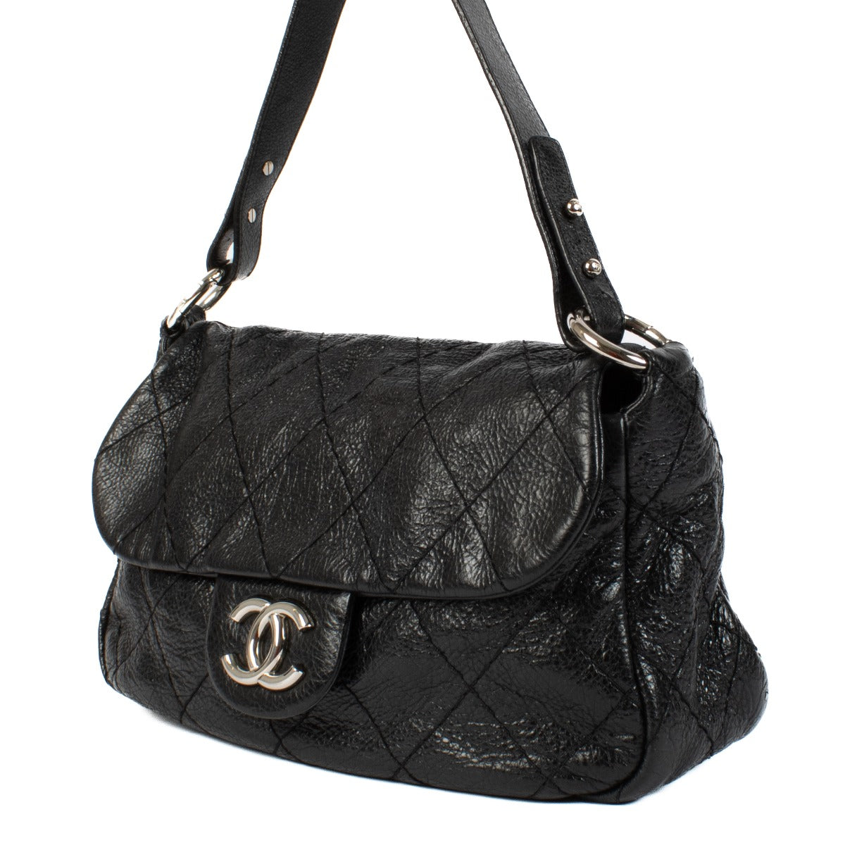 Chanel Black Glazed Leather On The Road Shoulder Bag