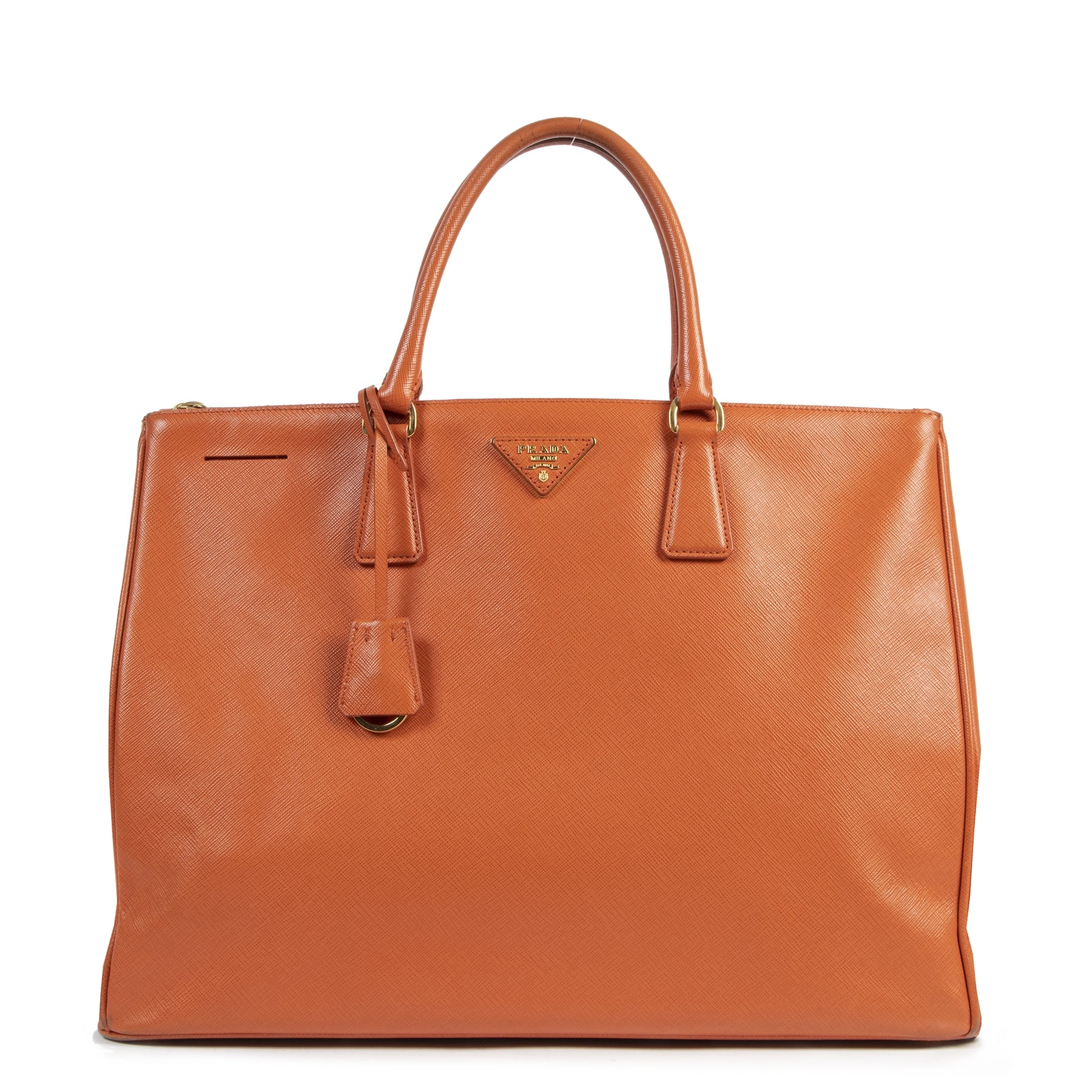 Authentieke tweedehands vintage Prada Orange Saffiano Tote Bag koop online webshop LabelLOV
