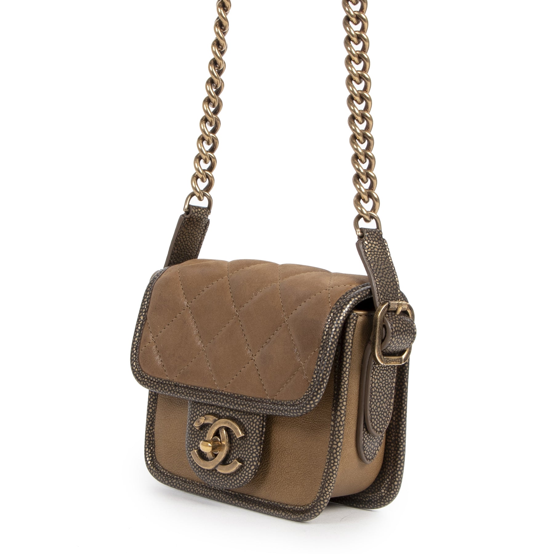 buy authentic secondhand Chanel Gold Leather Paris-Bombay Back To School Mini Crossbody Bag at the right price online safe and secure at LabelLOV webshop Antwerp Belgium