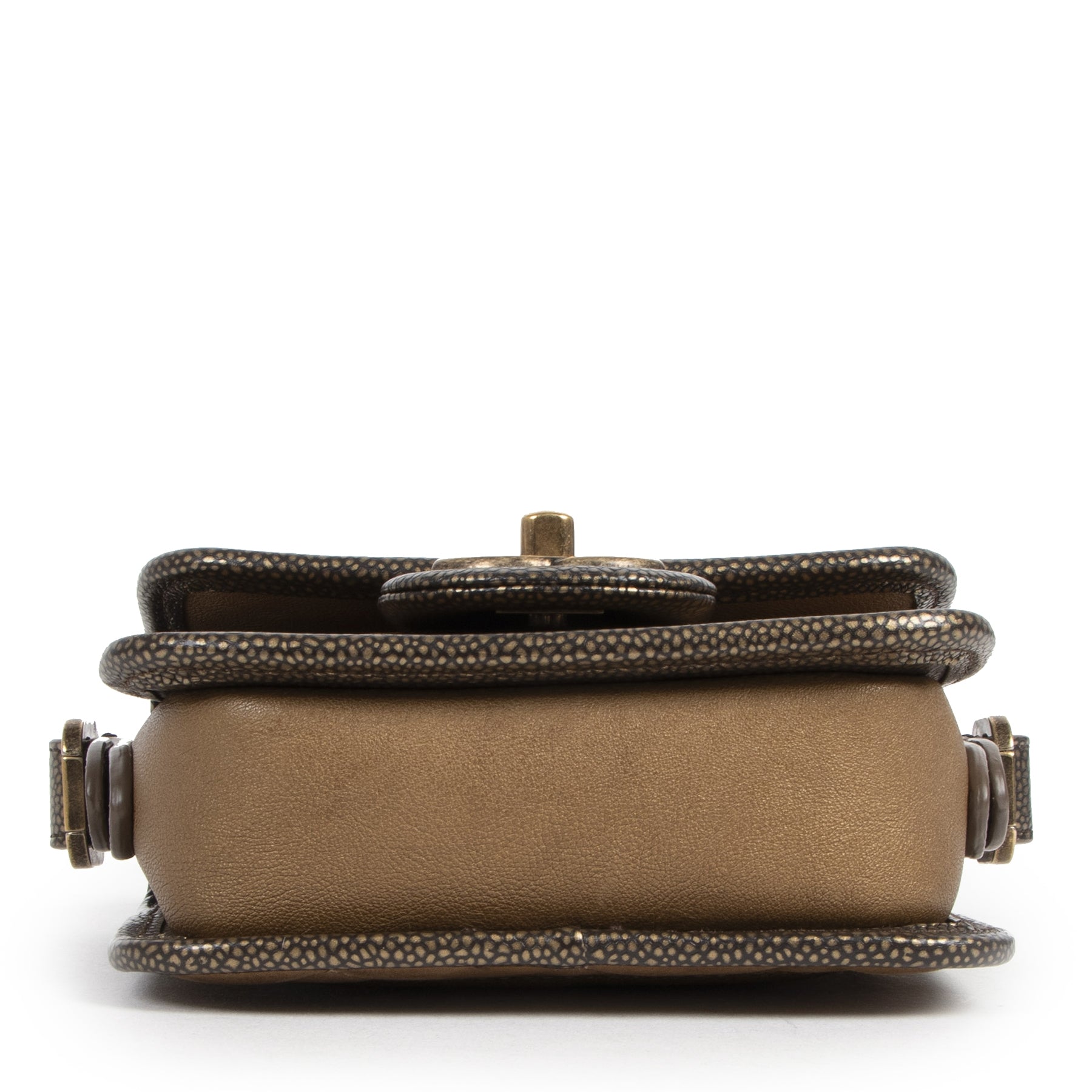 buy authentic secondhand Chanel Gold Leather Paris-Bombay Back To School Mini Crossbody Bag at the right price online safe and secure at LabelLOV webshop Antwerp Belgium