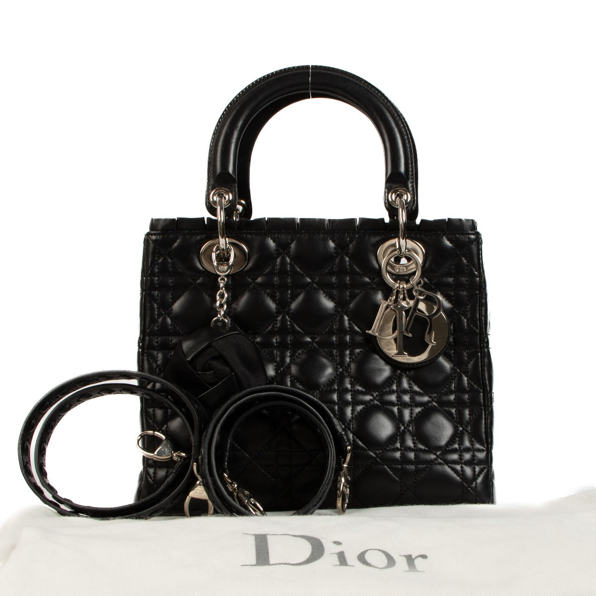 Dior Black Cannage Ruffle Trim Medium Lady Dior Bag