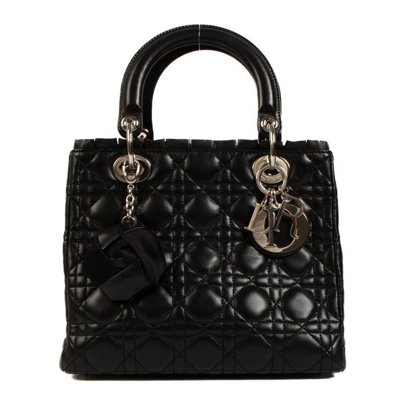 Dior Black Cannage Ruffle Trim Medium Lady Dior Bag