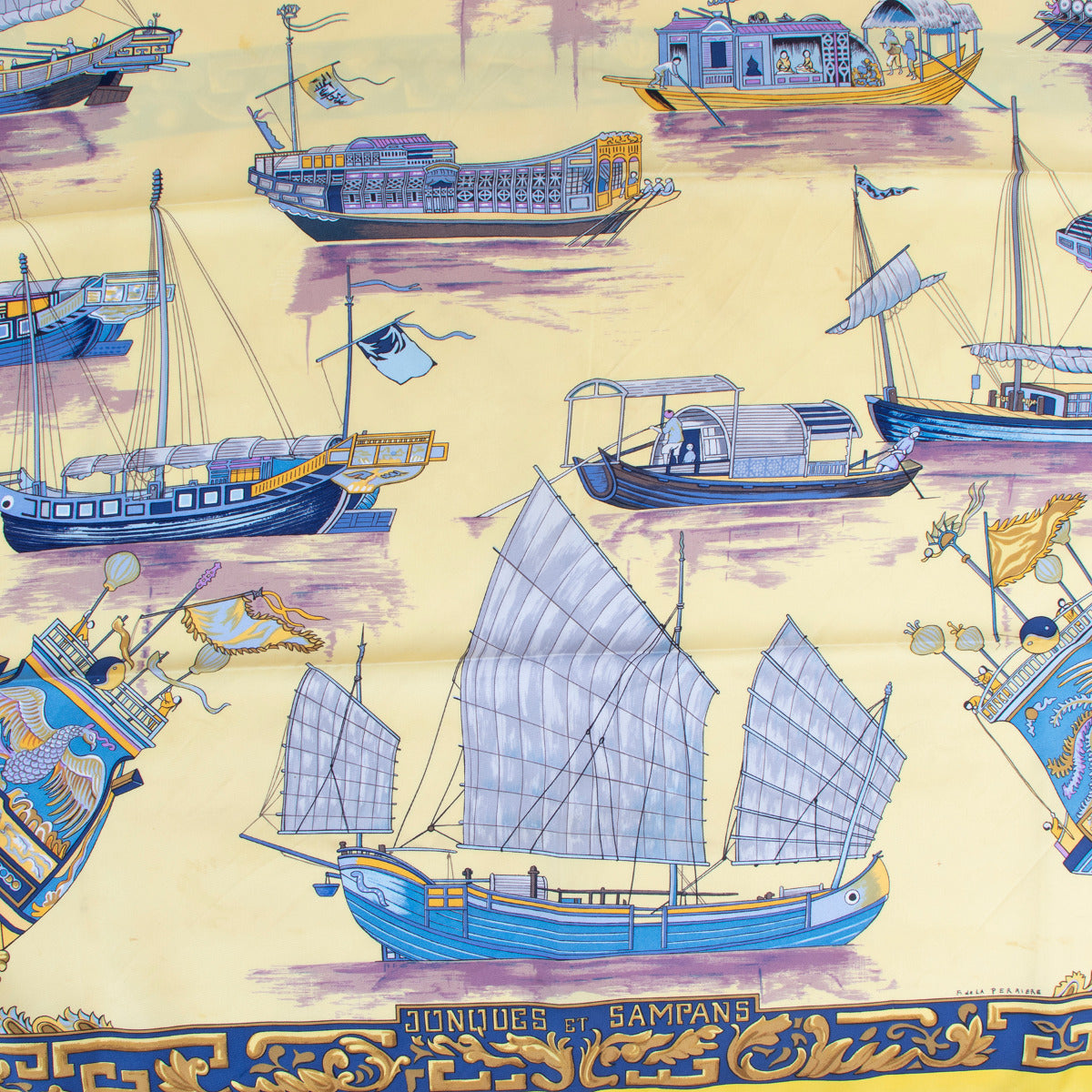 Are you looking for an authentic designer Hermès Yellow Jonques et Sampans Carré 90 Silk Scarf