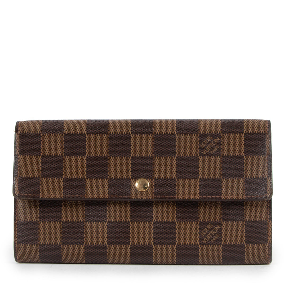 Buy online authentic second hand Louis Vuitton 2004 Vintage Damier Ebene Sarah Long Wallet in very good condition at Labellov in Antwerp