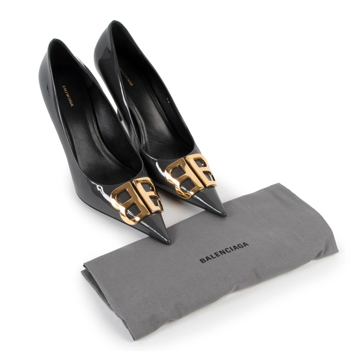 Authentic second hand Balenciaga Grey BB Patent Leather Heels at Labellov.com