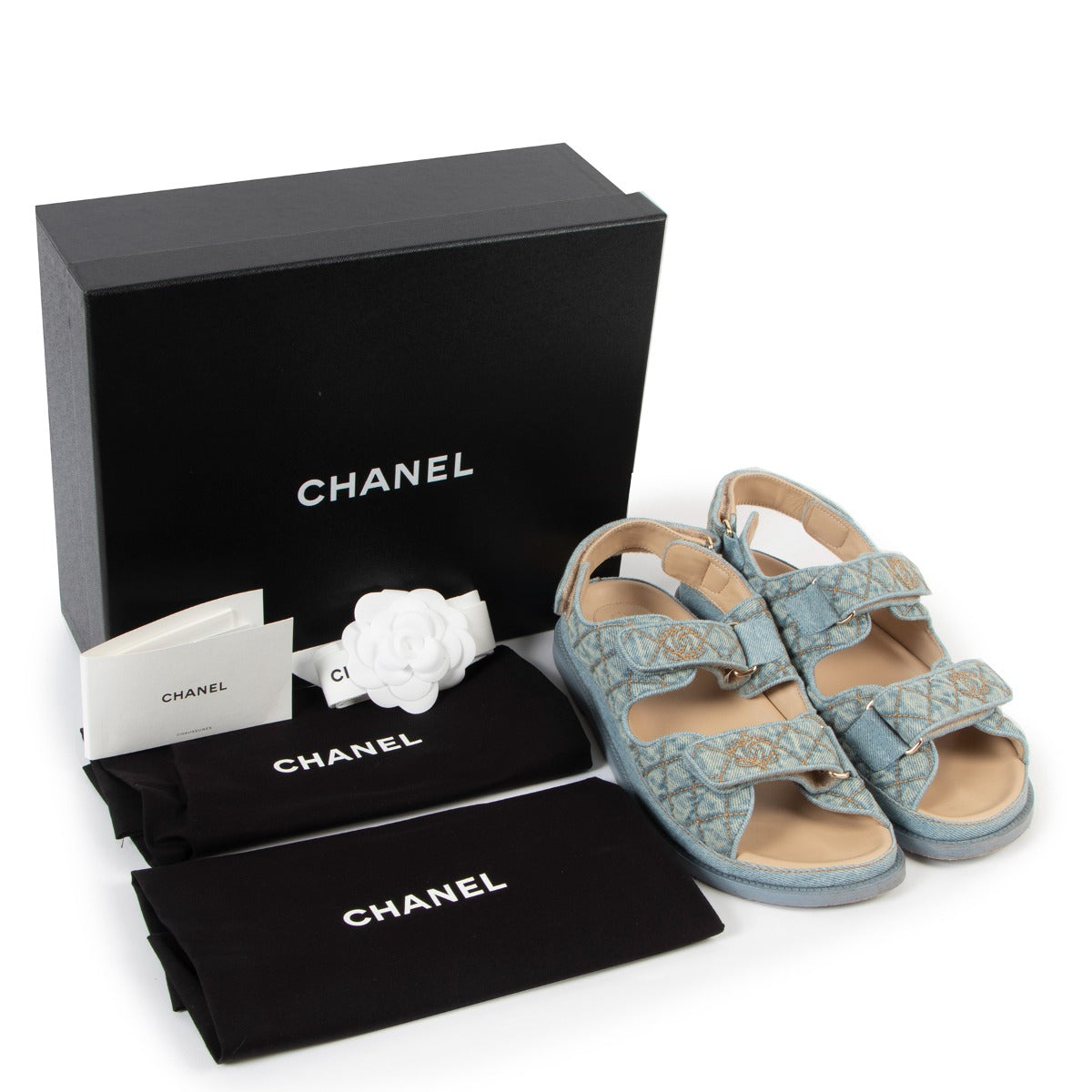 Authentic Second Hand Chanel Quilted Denim Stitched CC Dad Sandal at Labellov.com