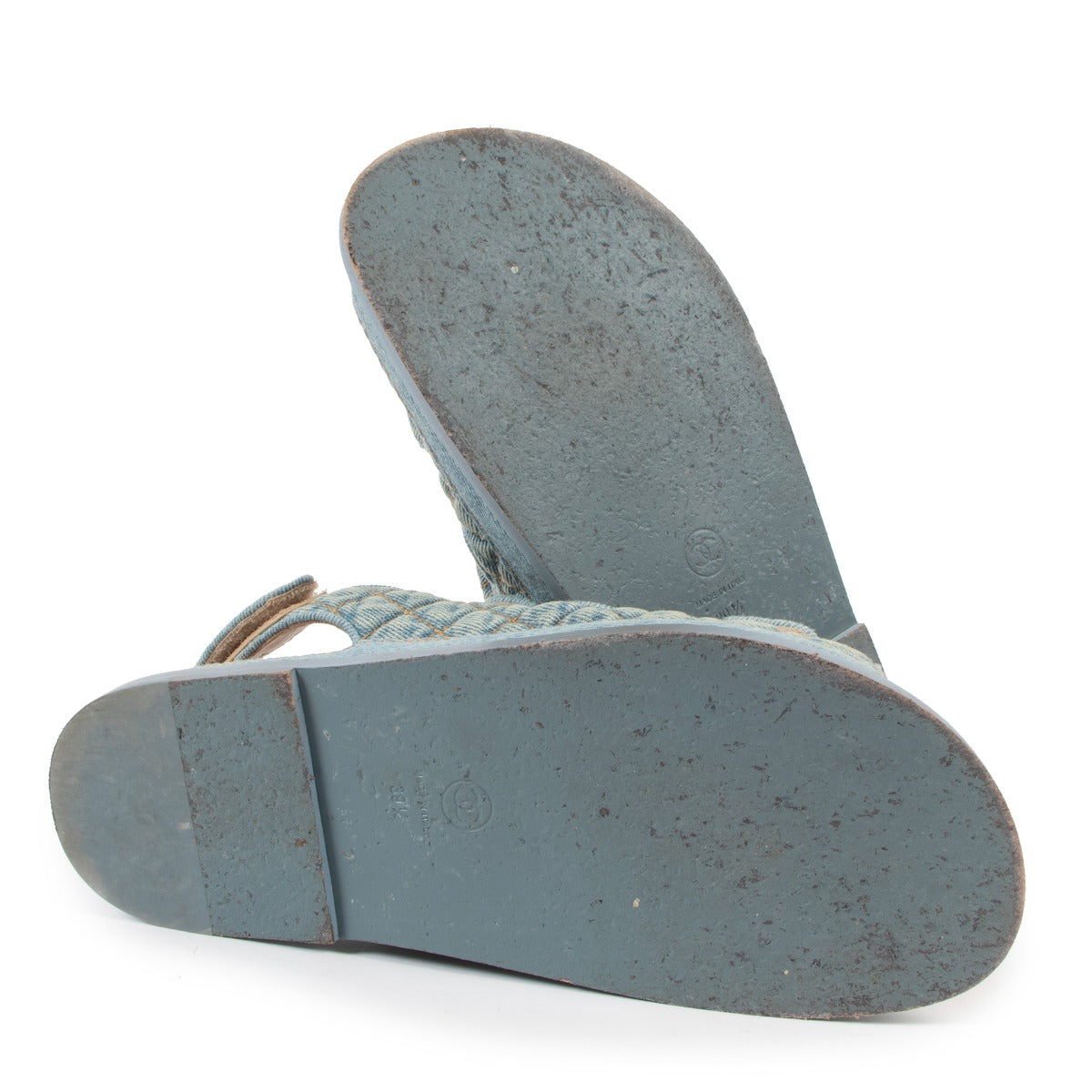 Authentic Second Hand Chanel Quilted Denim Stitched CC Dad Sandal at Labellov.com