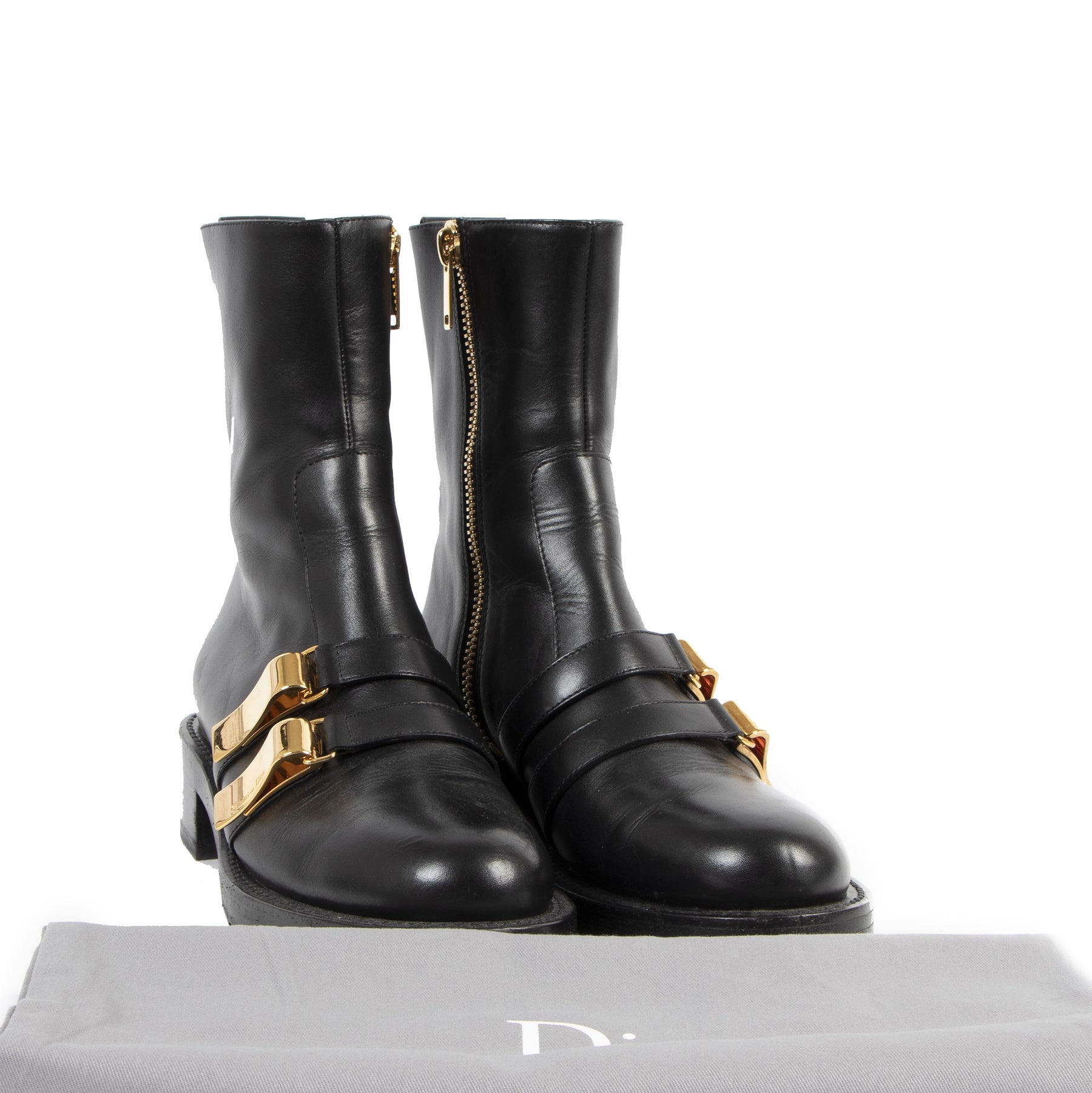 Authentieke Tweedehands Christian Dior Black Calfskin Leather Buckle Ankle Boots - Size 39,5 fashion luxury vintage webshop designer bags designer brands safe secure online shopping
