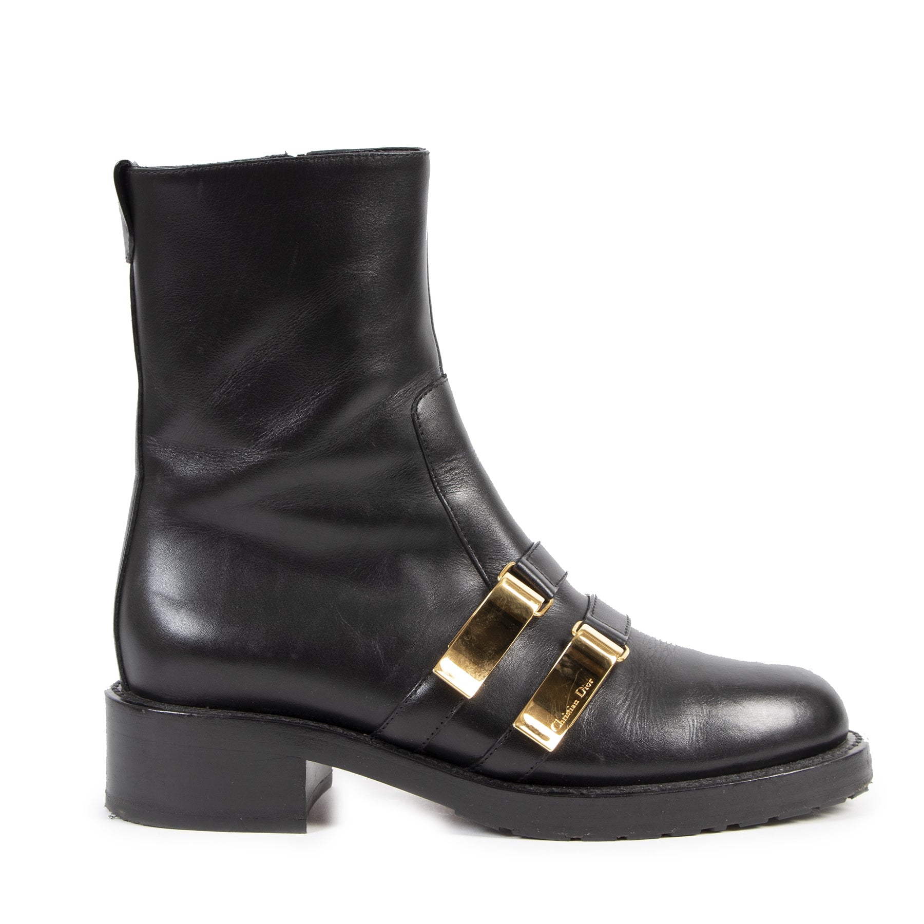 Authentieke Tweedehands Christian Dior Black Calfskin Leather Buckle Ankle Boots - Size 39,5 fashion luxury vintage webshop designer bags designer brands safe secure online shopping