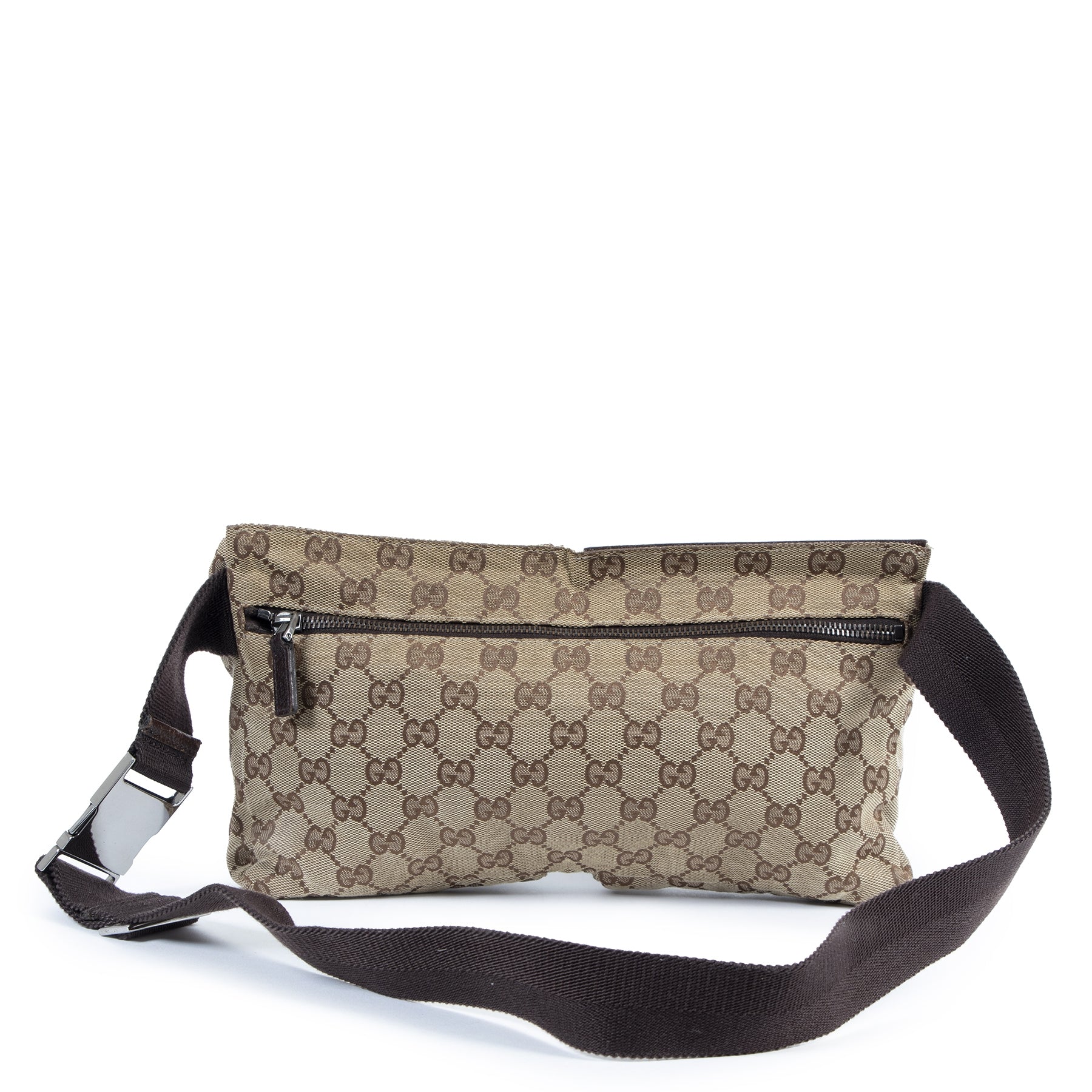 Authentieke Tweedehands Gucci Monogram Beige Belt Bag juiste prijs veilig online shoppen luxe merken webshop winkelen Antwerpen België mode fashion