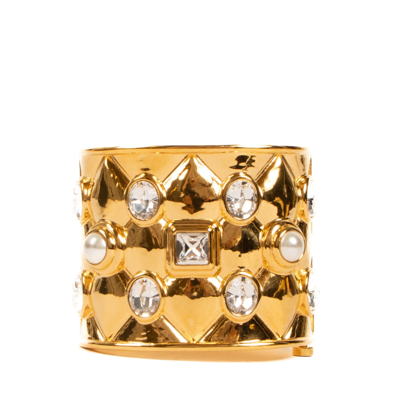 Chanel 22V Gold Quilted Crystal Pearl Cuff Bracelet Set