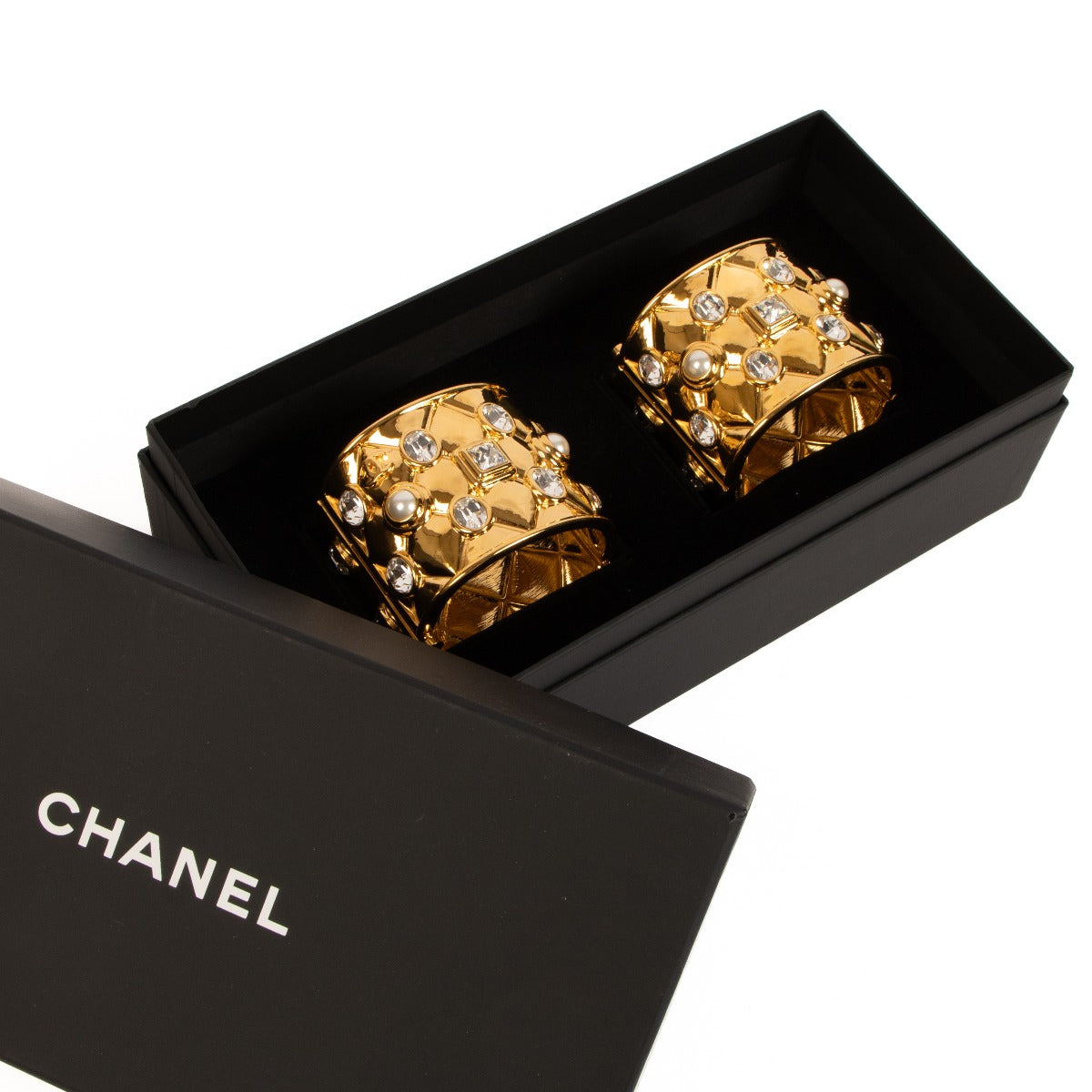 Chanel 22V Gold Quilted Crystal Pearl Cuff Bracelet Set