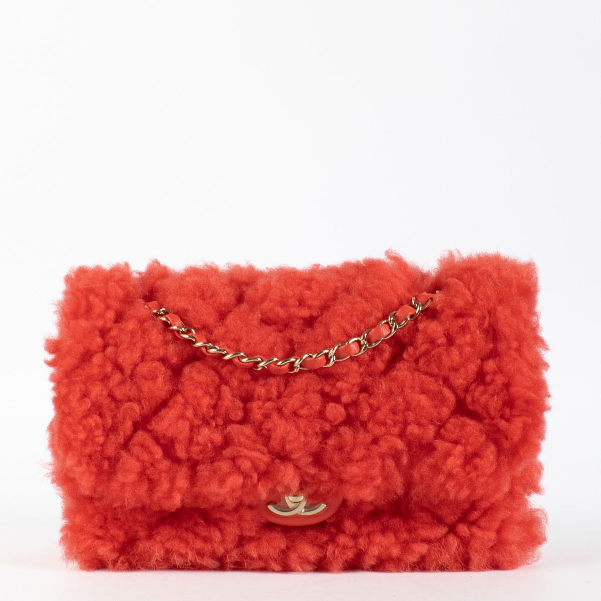 authentic preloved Chanel Red Shearling Classic Flap Bag on Labellov.com