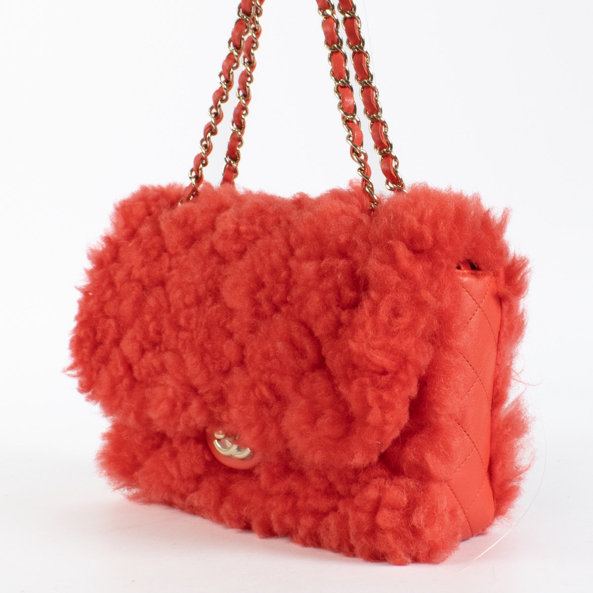 authentic preloved Chanel Red Shearling Classic Flap Bag on Labellov.com