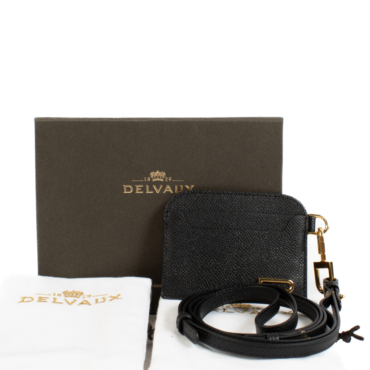 Delvaux Black Leather Lingo Card Holder with Strap