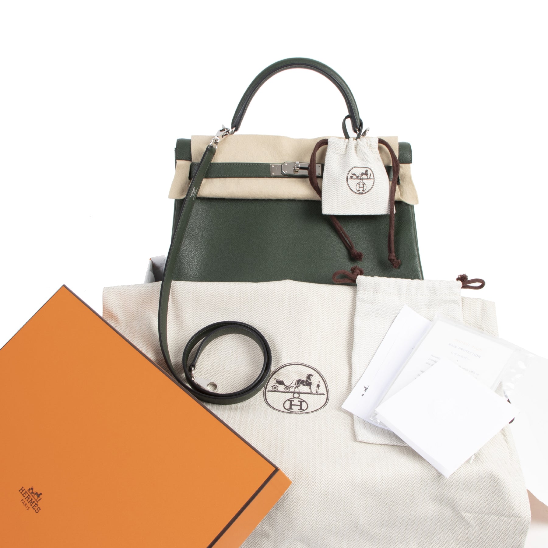 Koop en verkoop uw authentieke designer Hermes Kelly 32cm Vert Anglais Veau Evercolor PHW