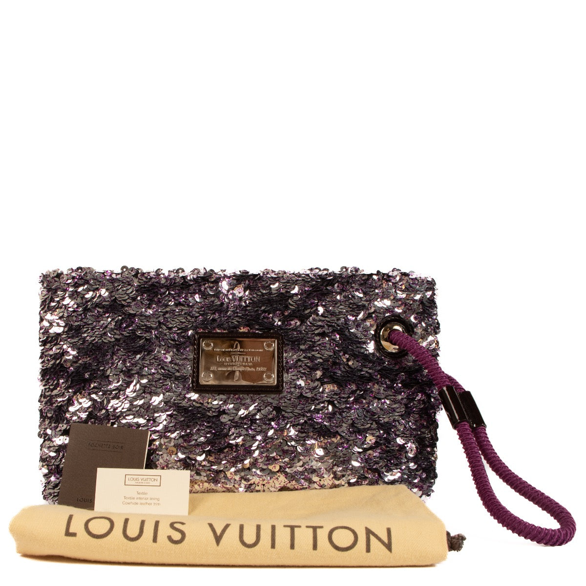 Shop safe online at Labellov in Antwerp, Brussels and Knokke this 100% authentic second hand Louis Vuitton Silver and Violette Sequin Rococo Pochette Clutch