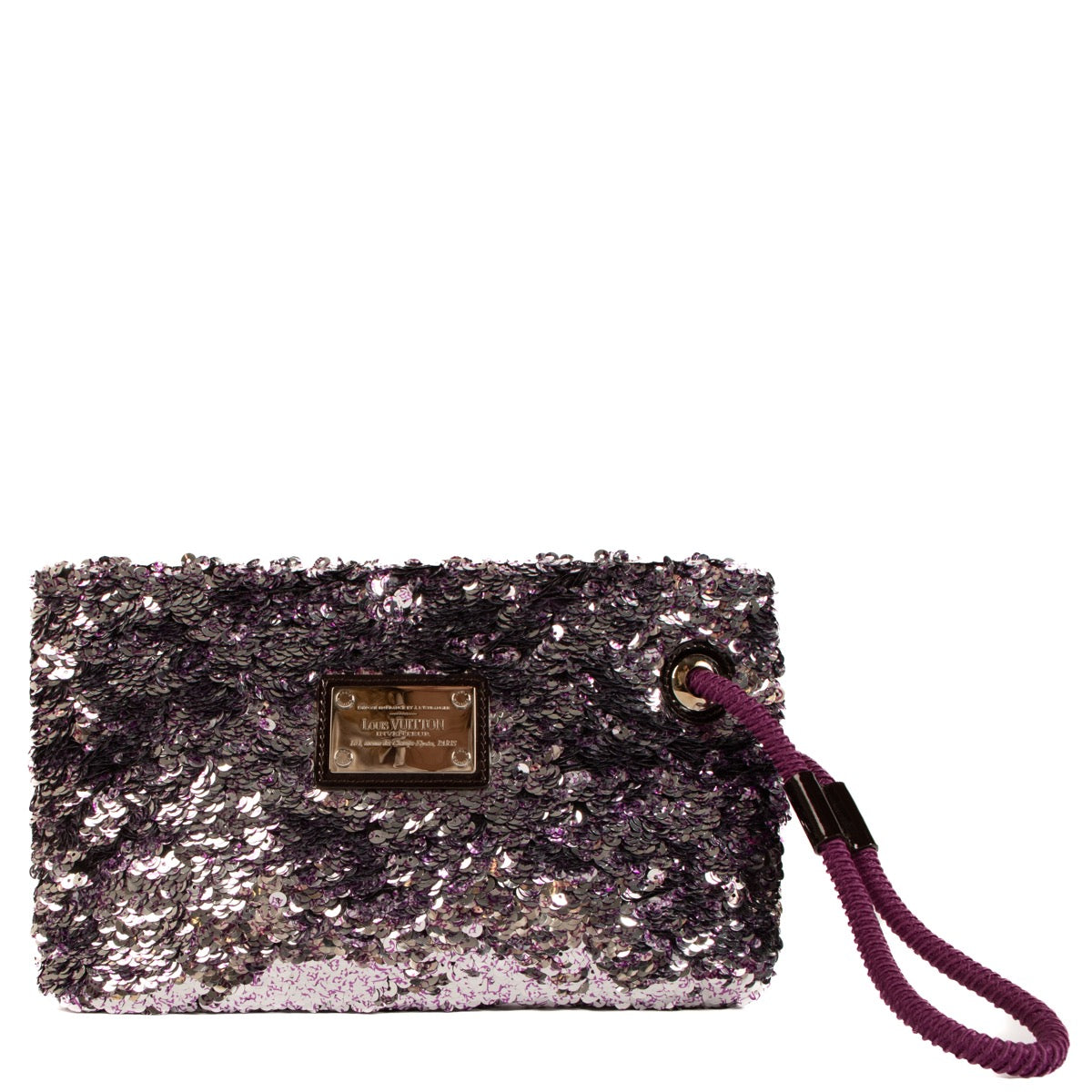 Shop safe online at Labellov in Antwerp, Brussels and Knokke this 100% authentic second hand Louis Vuitton Silver and Violette Sequin Rococo Pochette Clutch
