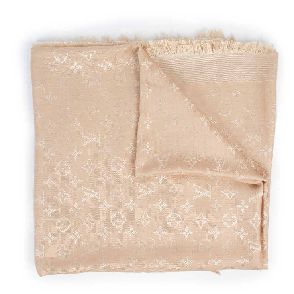 Brand new in box Louis Vuitton silk scarf with fringes. Buy online at Labellov secondhand luxury for the best price online.