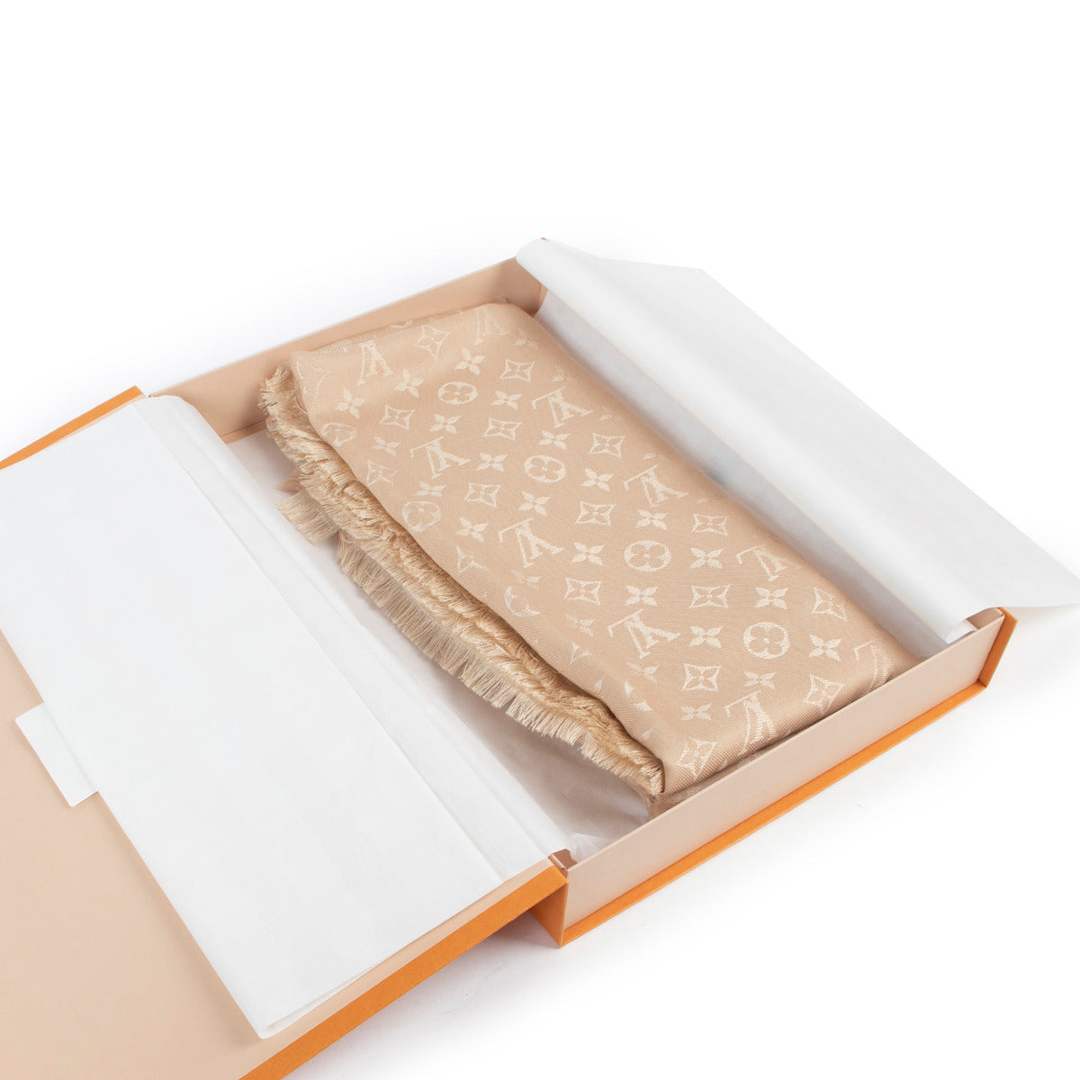 Brand new in box Louis Vuitton silk scarf with fringes. Buy online at Labellov secondhand luxury.