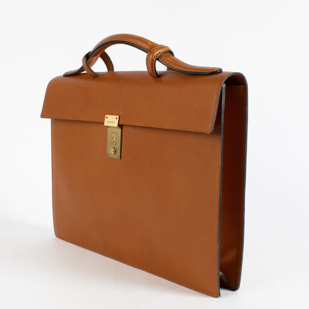 Delvaux Message Camel Slekely 1992 vintage briefcase in smooth tan leather.