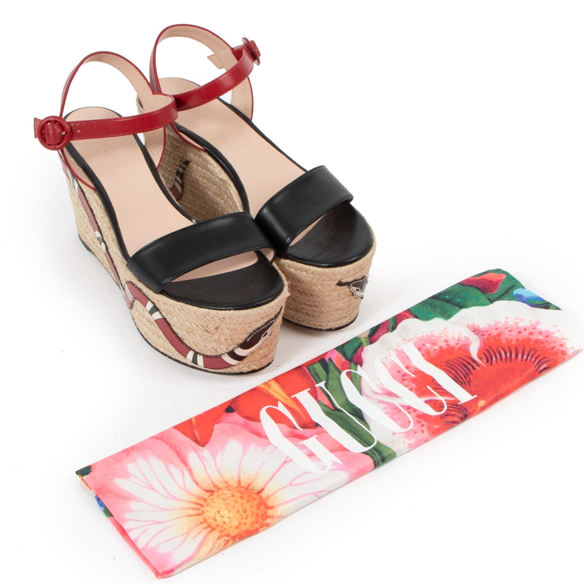 Gucci Snake Raffia Platform Espadrille Sandals