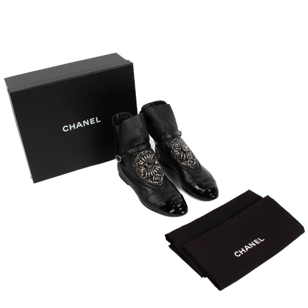 Chanel Black Crystal Embellished CC Cap Toe Boots