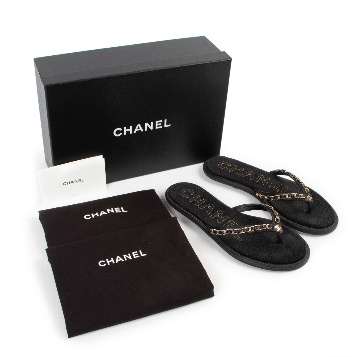 Chanel 21s Black Terry Gold Chain Slide Thong Sandals
