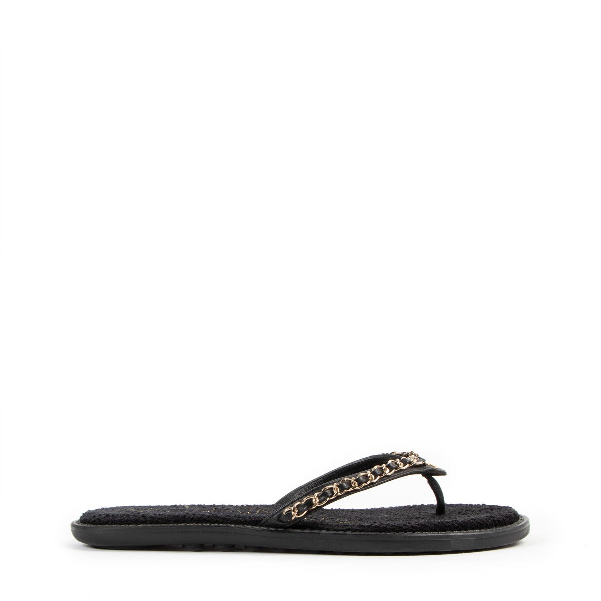 Chanel 21s Black Terry Gold Chain Slide Thong Sandals