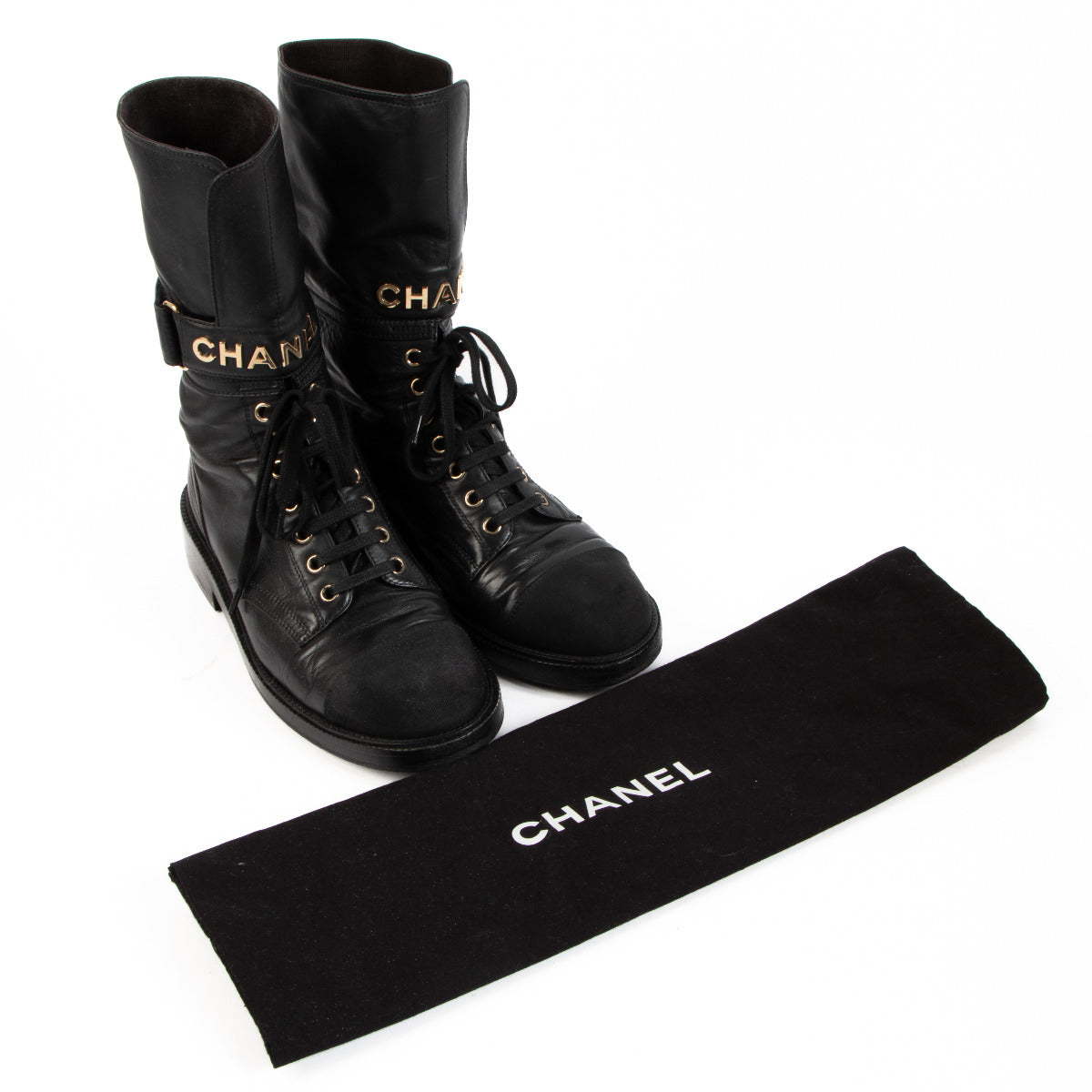 Chanel Black Calf Leather Lace Up Boot