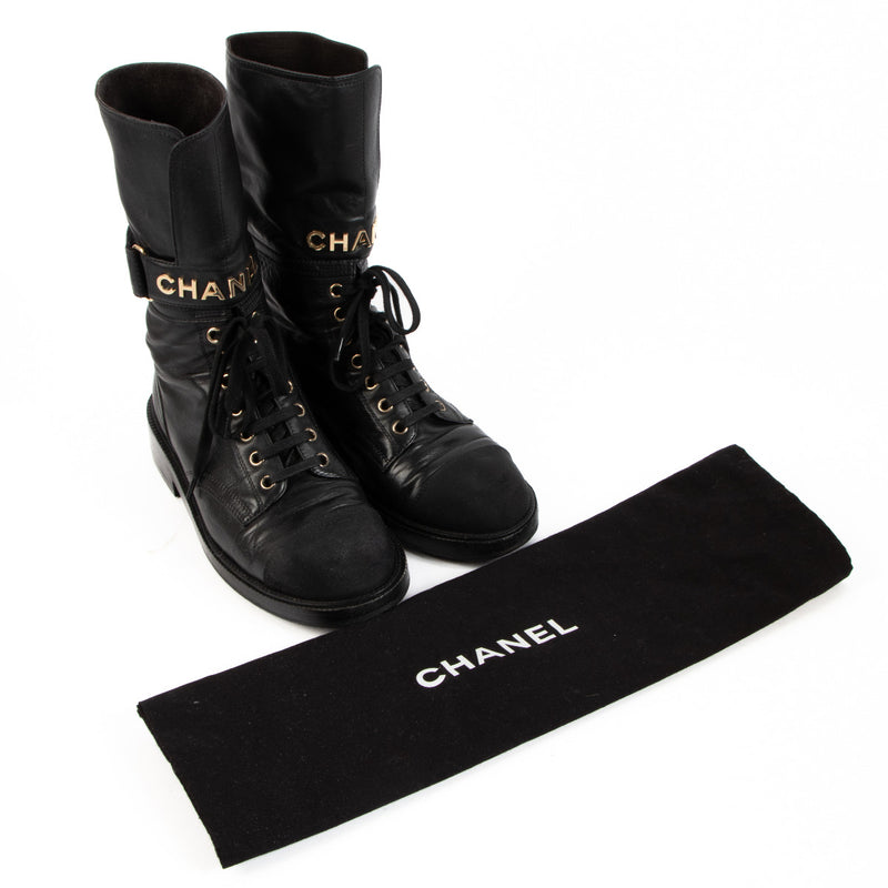 Chanel Black Calf Leather Lace Up Boot