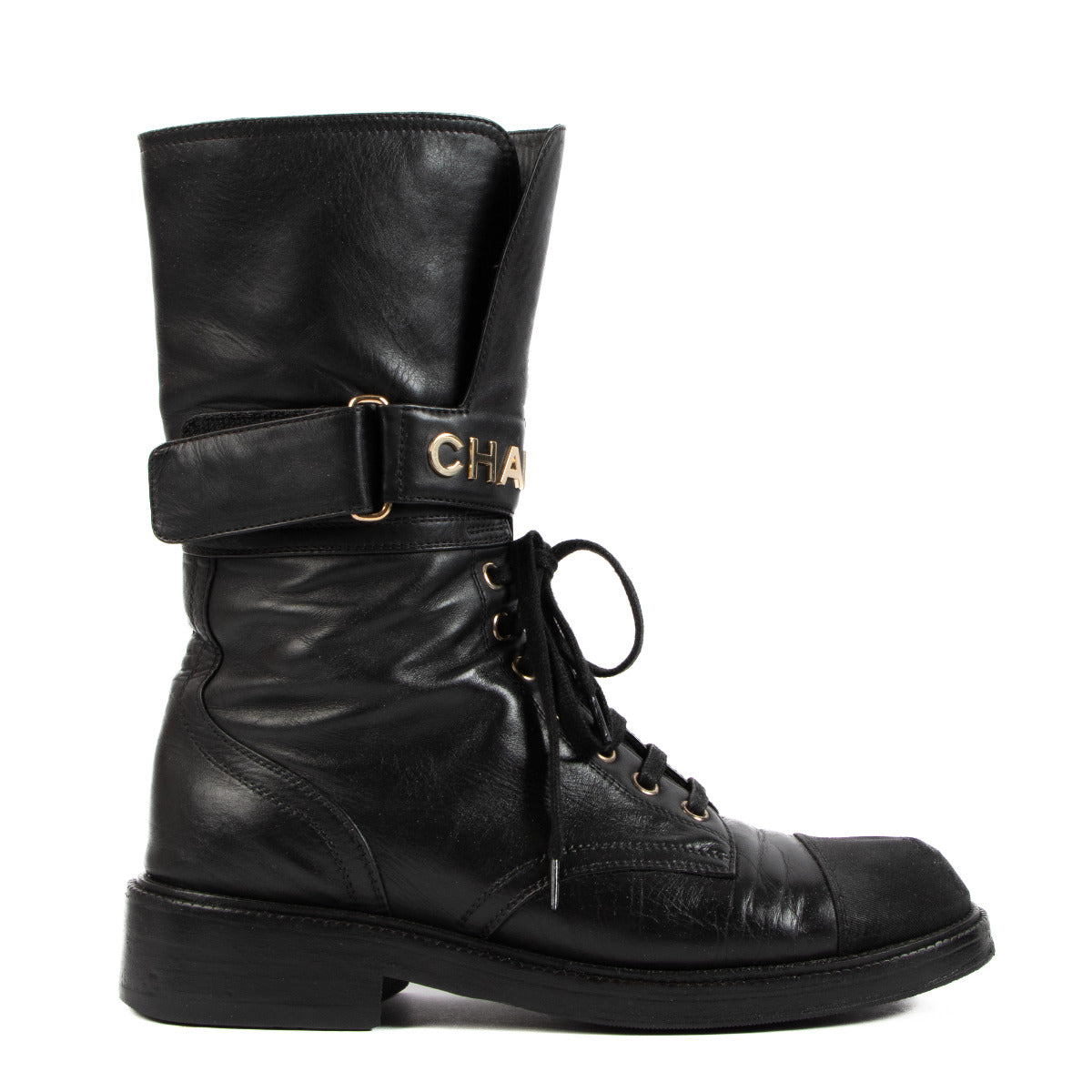 Chanel Black Calf Leather Lace Up Boot
