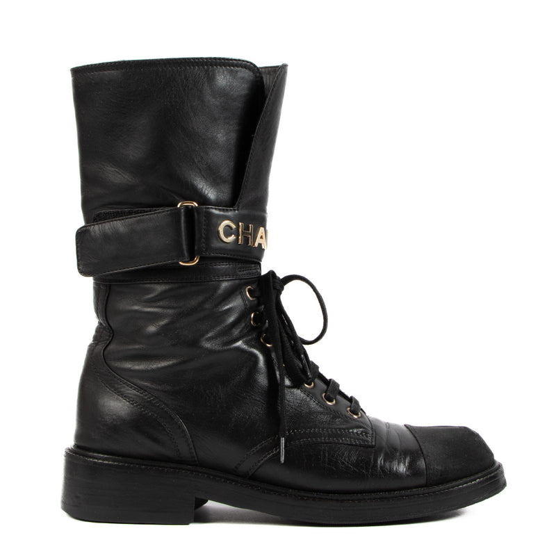 Chanel Black Calf Leather Lace Up Boot