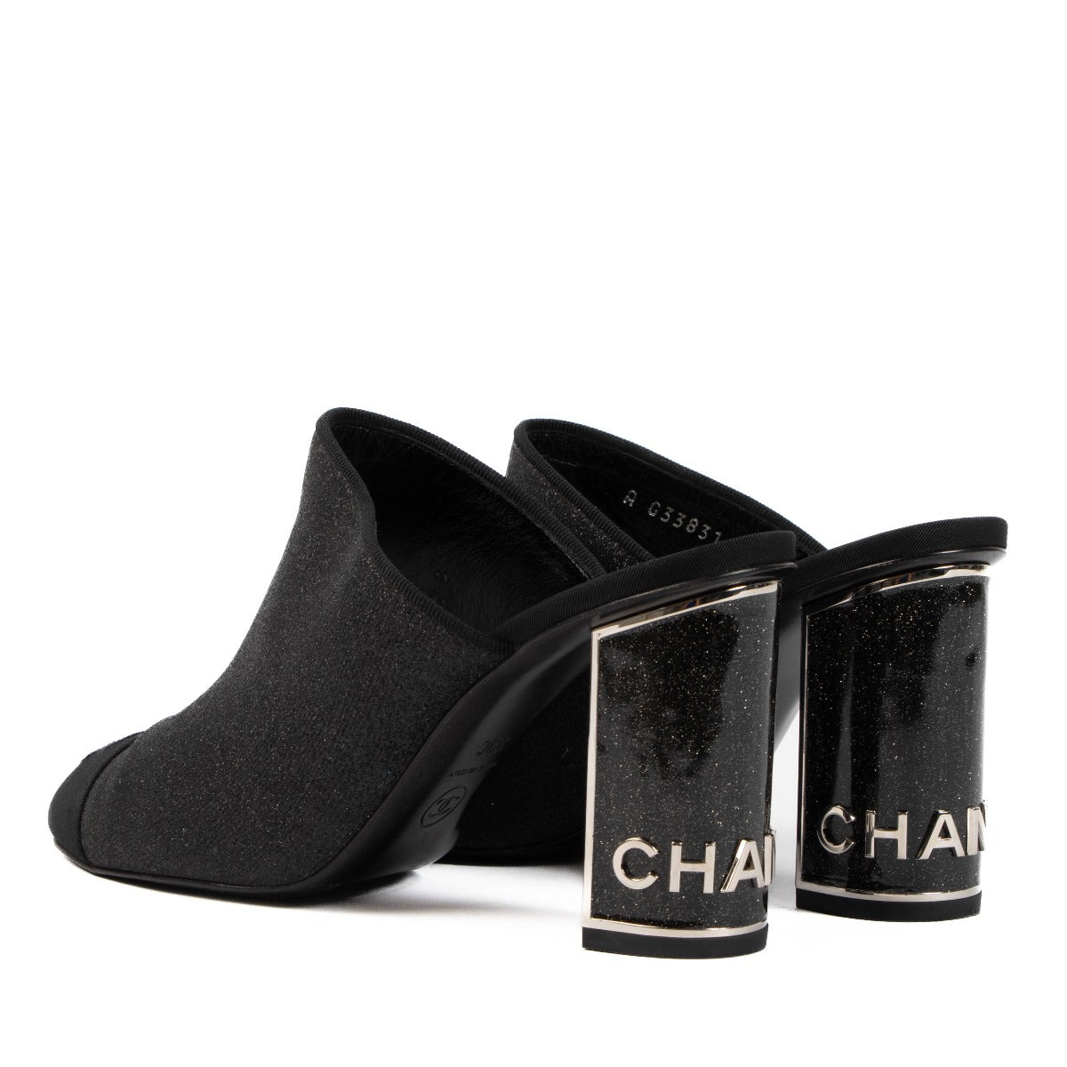 Chanel 2018 Black Glitter Cap Toe Mules