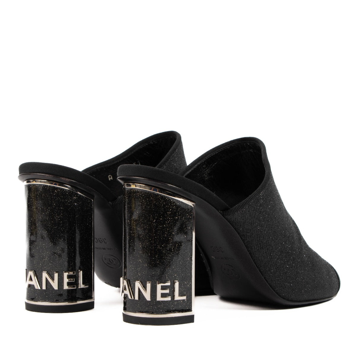 Chanel 2018 Black Glitter Cap Toe Mules