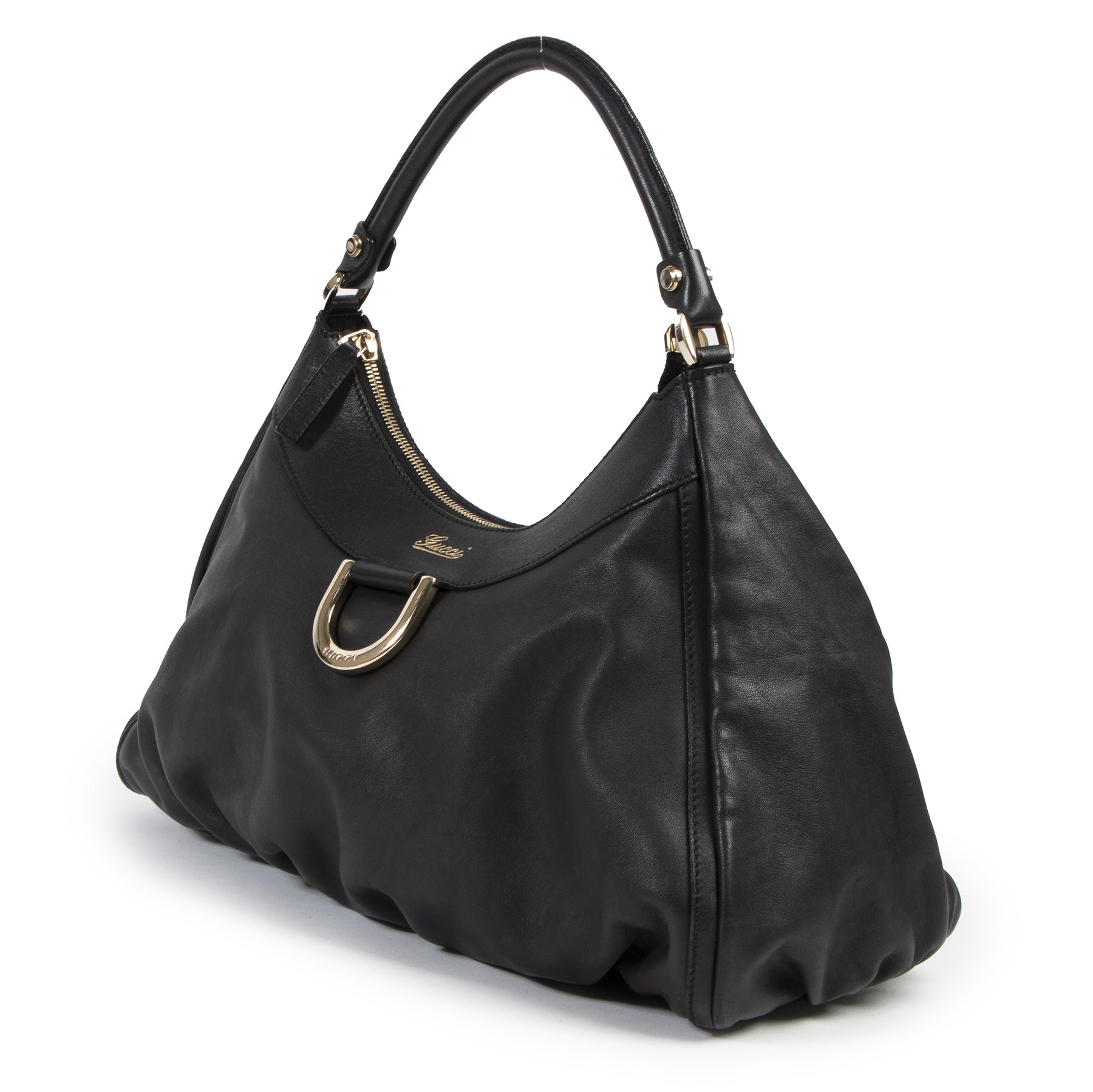 Authentieke Tweedehands Gucci Black Leather D-Ring Shoulder Bag juiste prijs veilig online shoppen luxe merken webshop winkelen Antwerpen België mode fashion