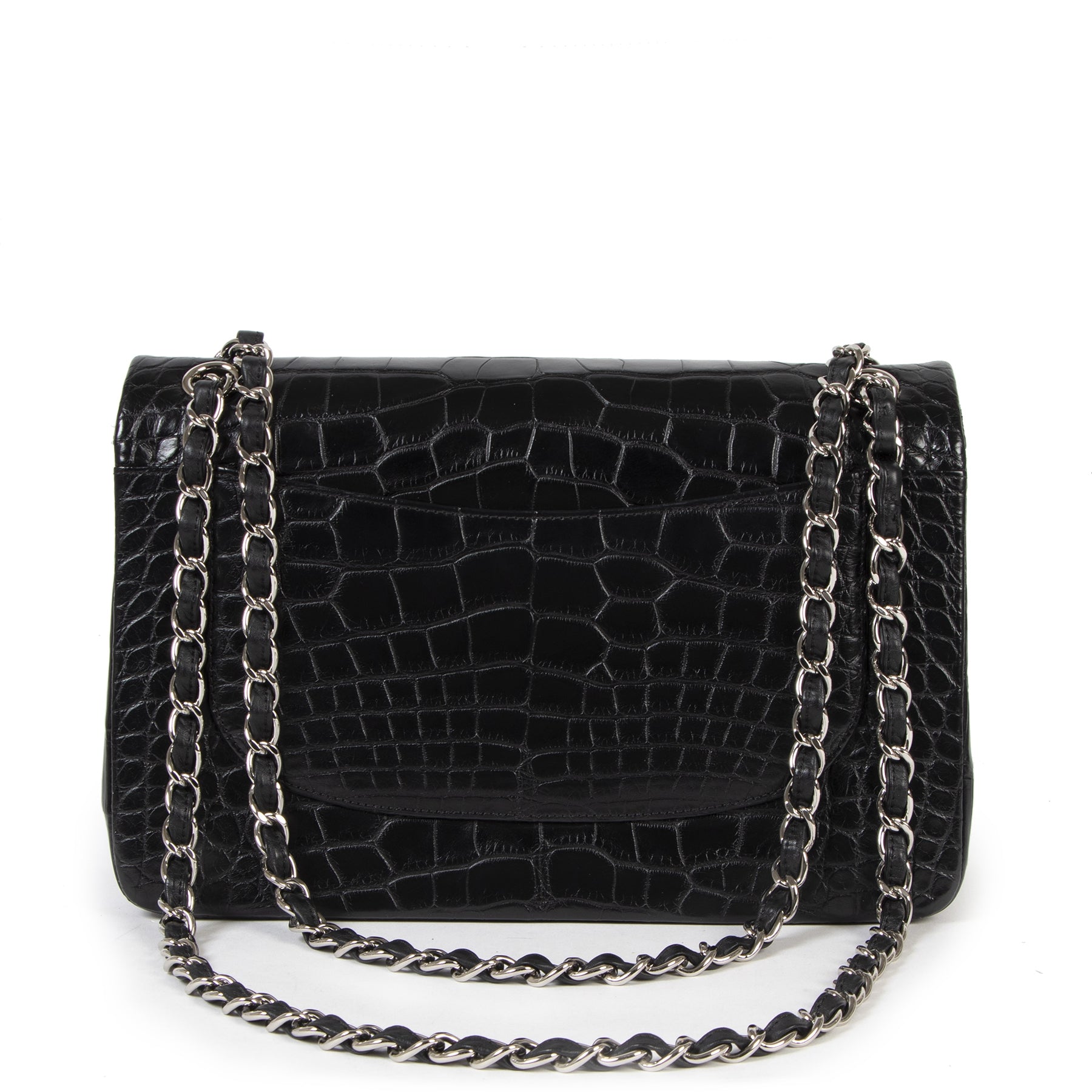 secondhand luxury chanel flapbag like new in black alligator skin , authenticity card, invoice