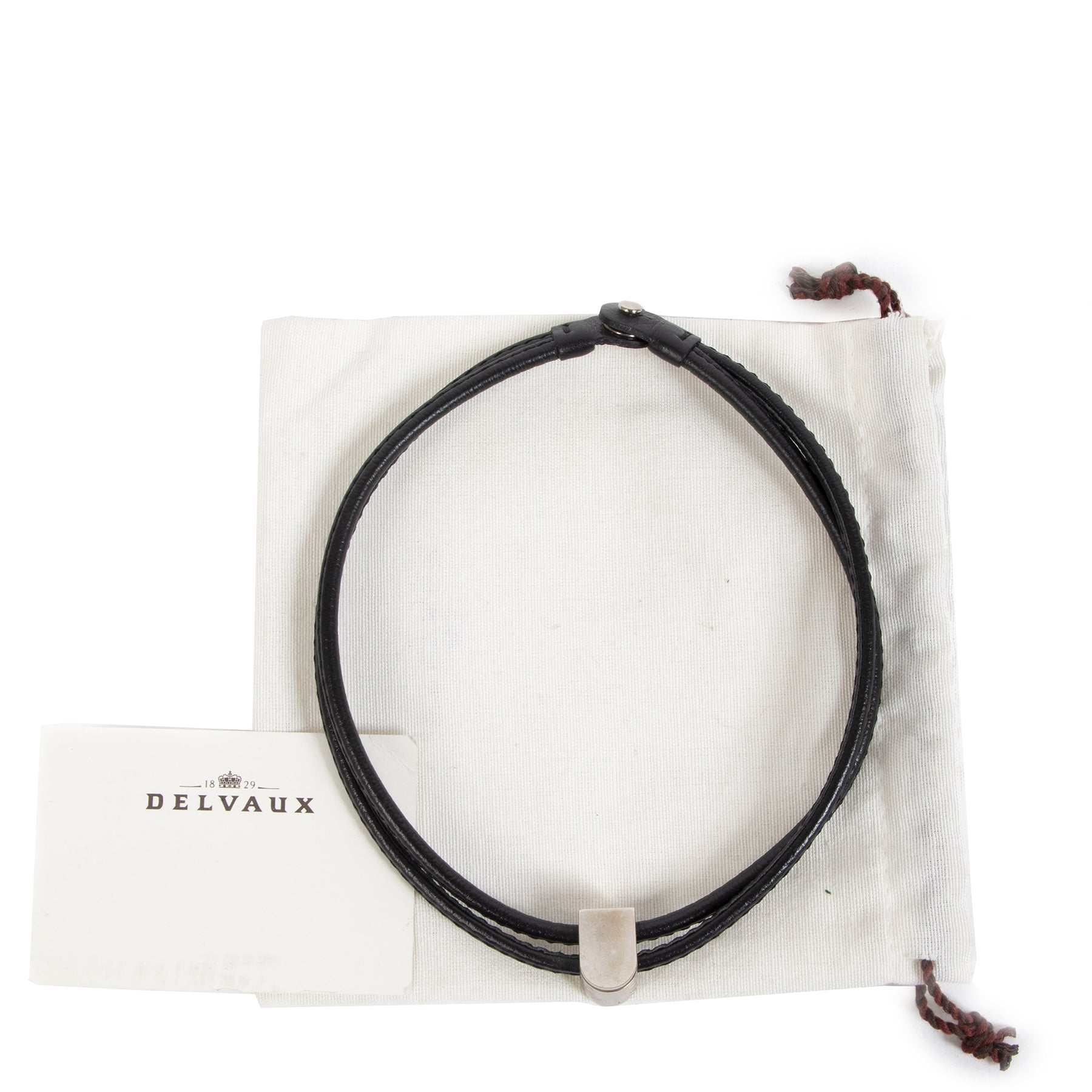 Authentic secondhand Delvaux Black Leather Necklace Silver D designer accessories designer brands fashion luxury vintage webshop safe secure online shopping worldwide shipping delivery Antwerp Belgium