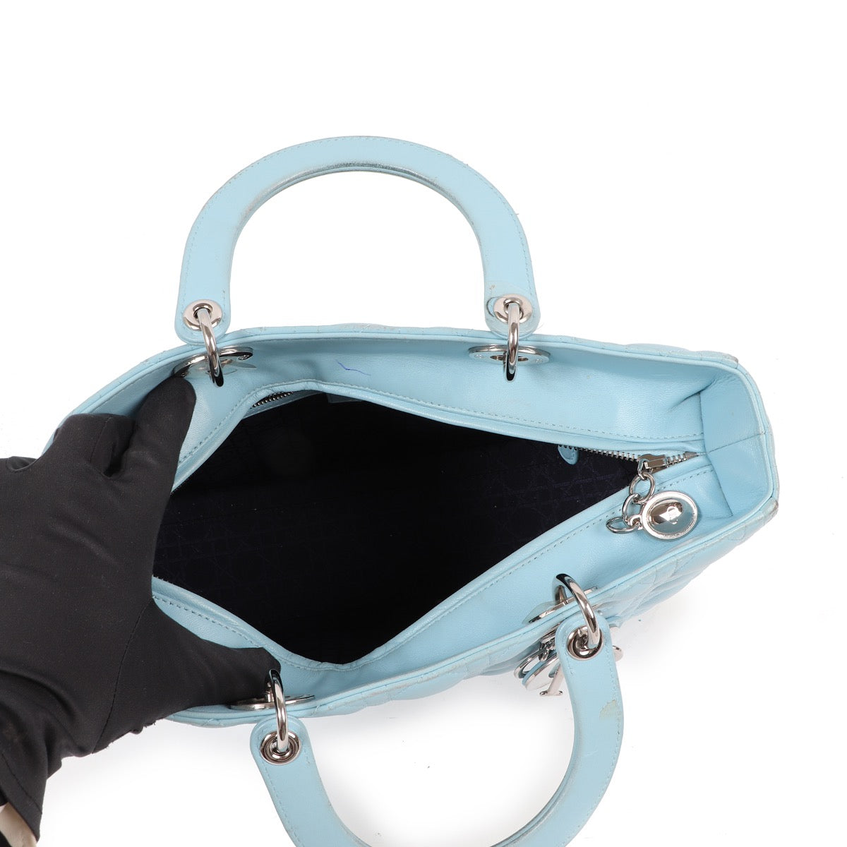 Buy an authentic second hand Christian Dior Blue Cannage Lambskin Lady Dior Top Handle Bag in good condition at Labellov Antwerp.