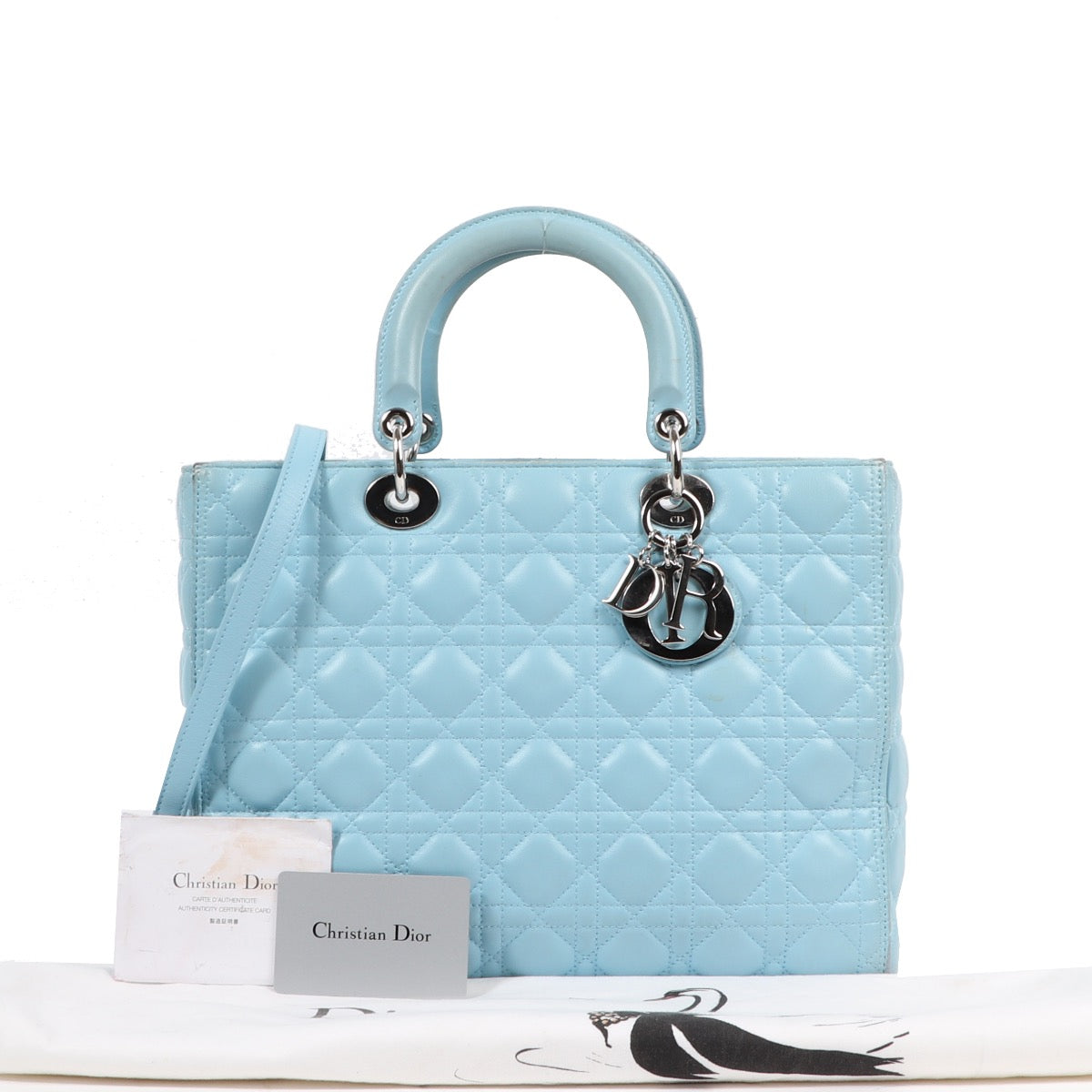 Buy an authentic second hand Christian Dior Blue Cannage Lambskin Lady Dior Top Handle Bag in good condition at Labellov Antwerp.