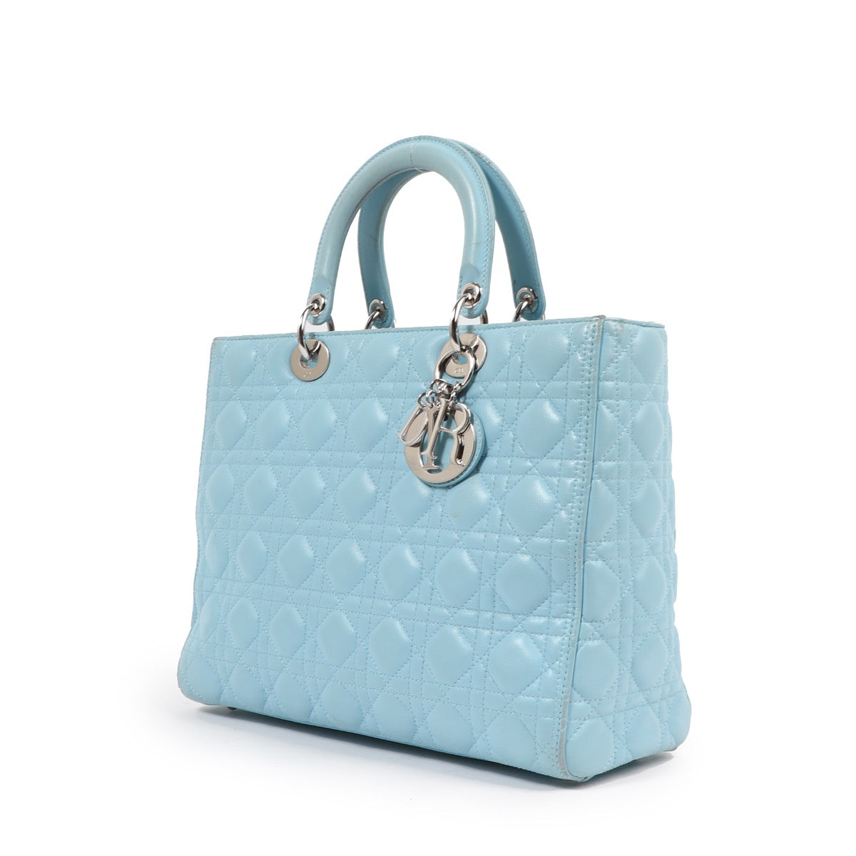 Buy an authentic second hand Christian Dior Blue Cannage Lambskin Lady Dior Top Handle Bag in good condition at Labellov Antwerp.