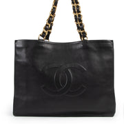 Authentieke Tweedehands Chanel Black Leather CC Tote Bag juiste prijs veilig online shoppen luxe merken webshop winkelen Antwerpen België mode fashion