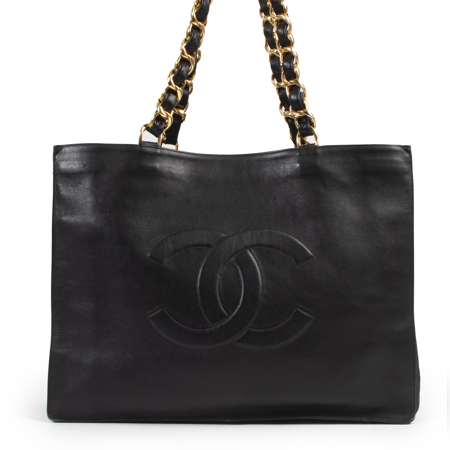 Authentieke Tweedehands Chanel Black Leather CC Tote Bag juiste prijs veilig online shoppen luxe merken webshop winkelen Antwerpen België mode fashion