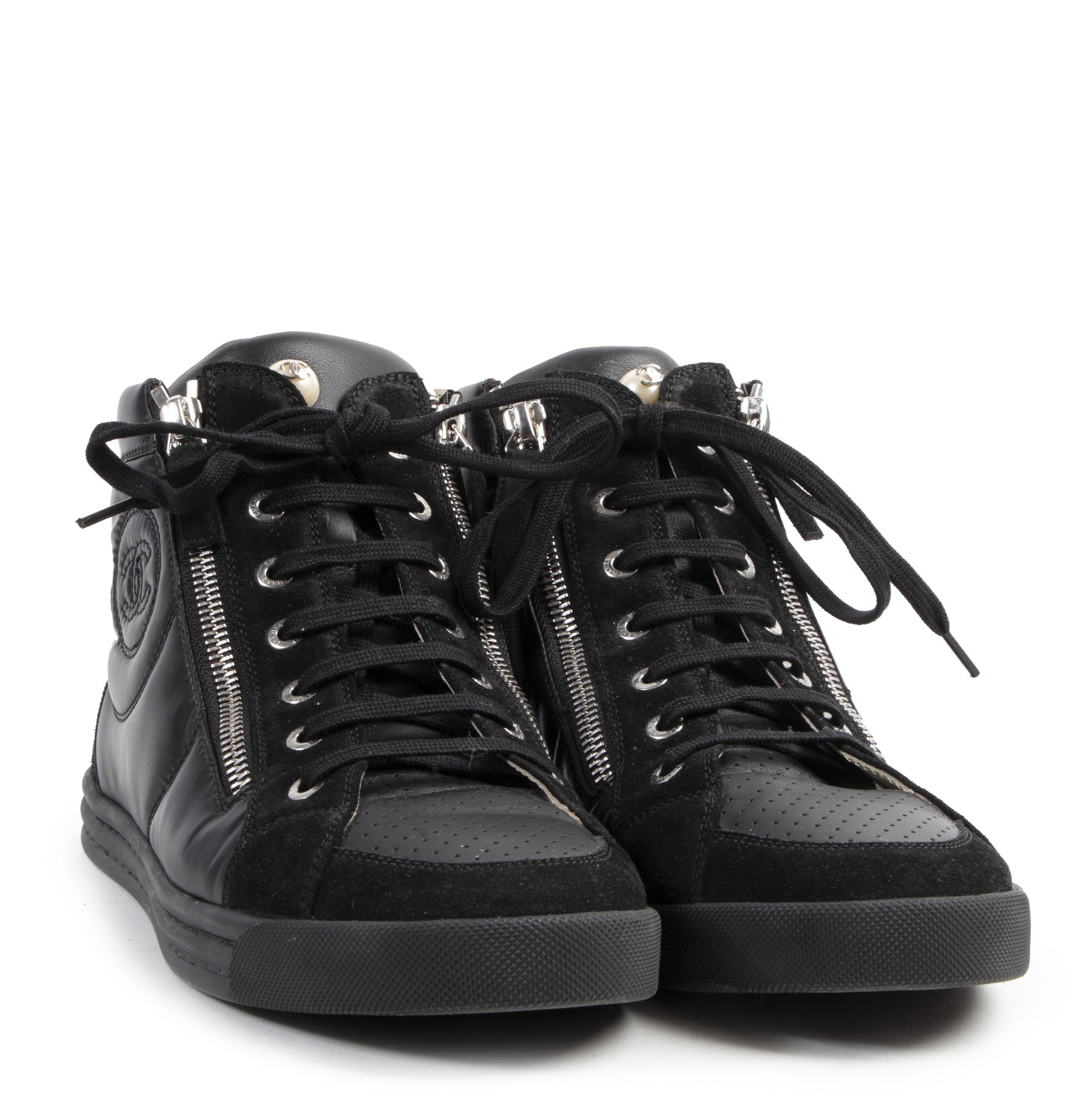 Chanel Black Leather CC Double Zip High Top Sneakers - Size 41,5