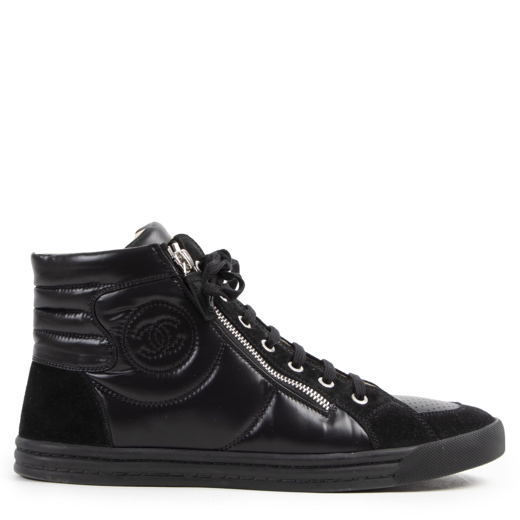 Chanel Black Leather CC Double Zip High Top Sneakers for the best price