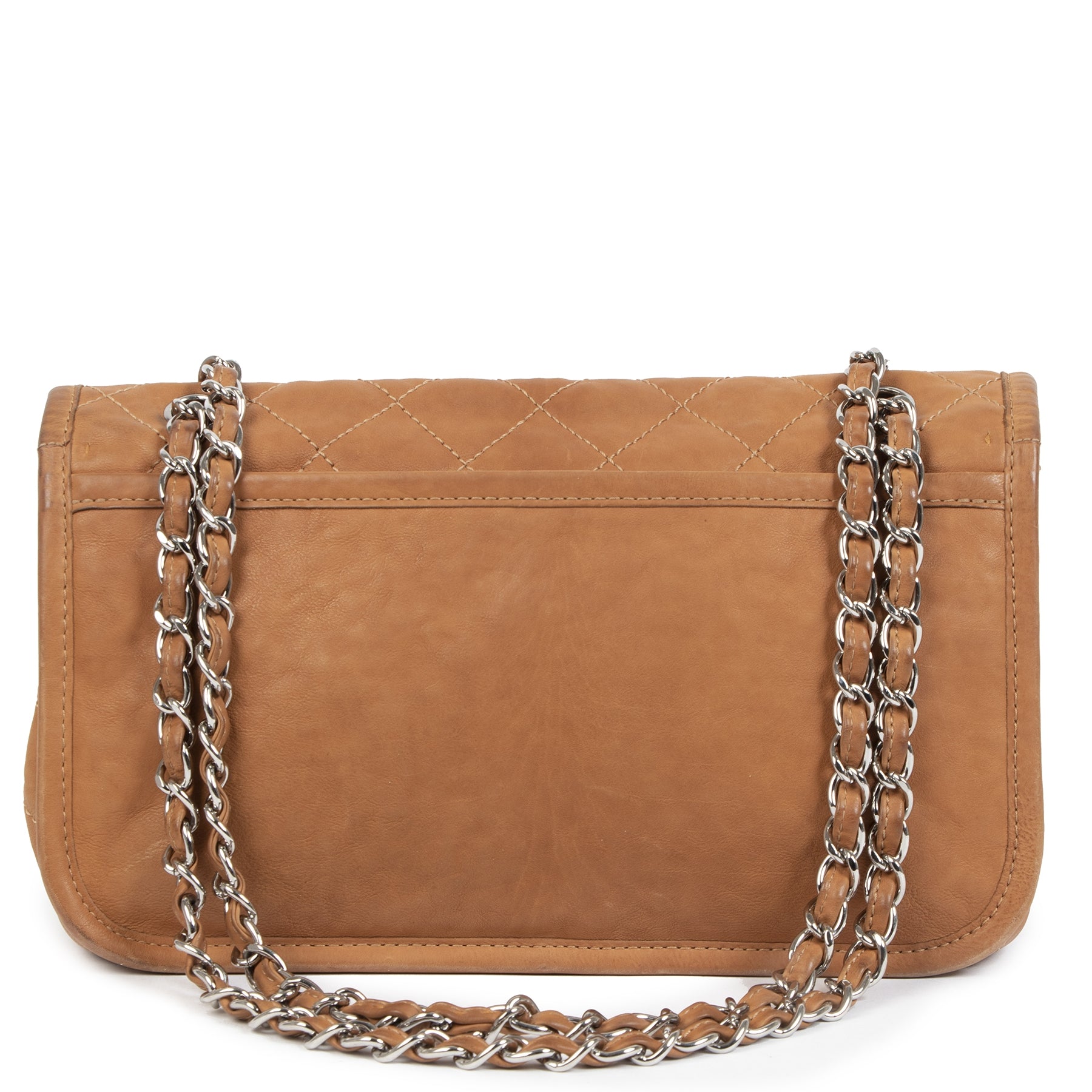 Authentieke Tweedehands Chanel Quilted Camel Aged Leather Flap Bag juiste prijs veilig online shoppen luxe merken webshop winkelen Antwerpen België mode fashion