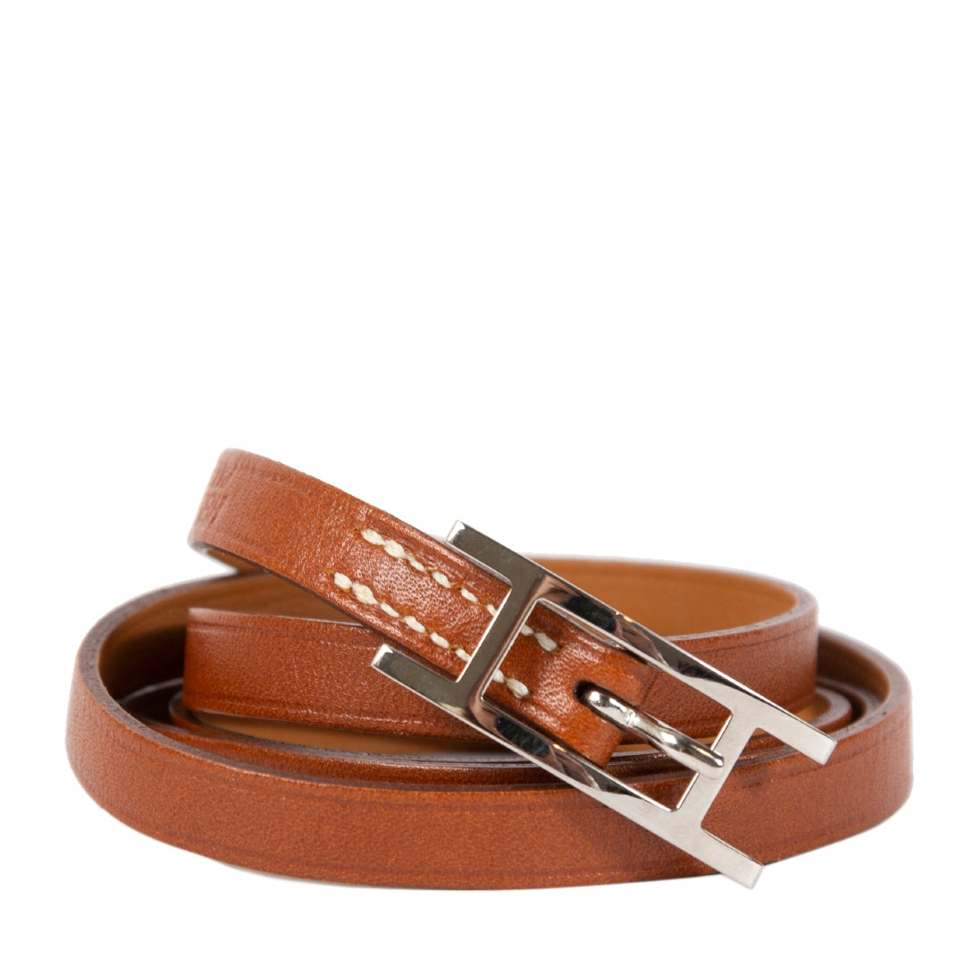 acheter en linge seconde main Hermès Api III Brown Leather Silver Tone H Logo Wrap Bracelet