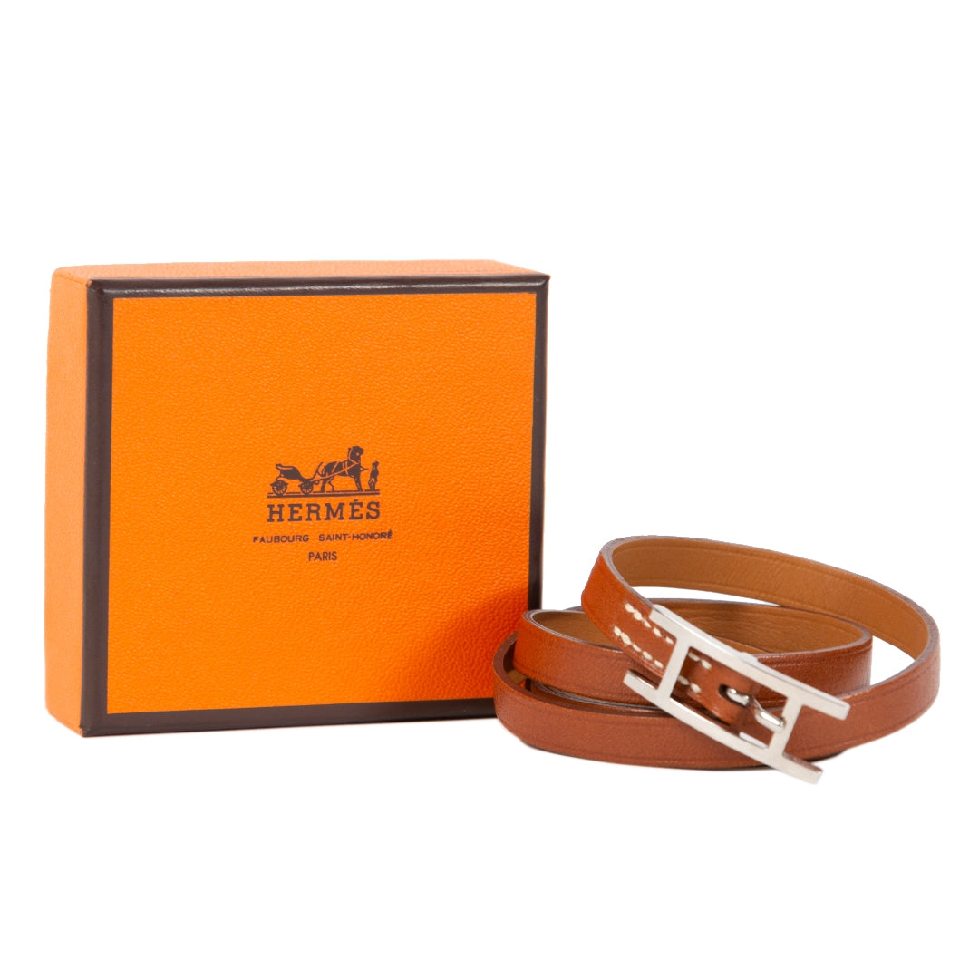 shop safe online Hermès Api III Brown Leather Silver Tone H Logo Wrap Bracelet